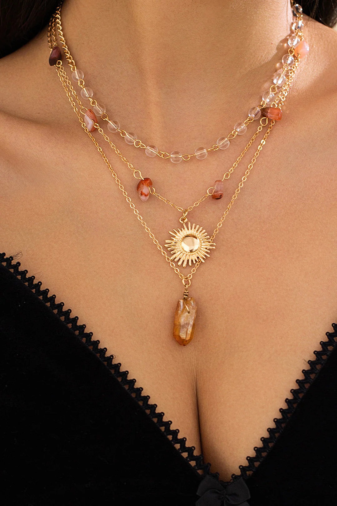 Stone Flower Bead Decor Metal Necklace