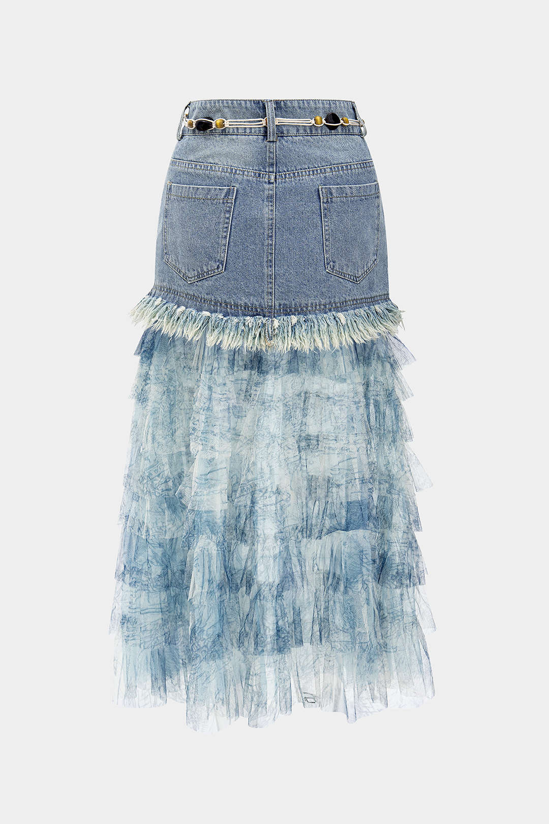 Frayed Mesh Patchwork Belted Denim Skirt
