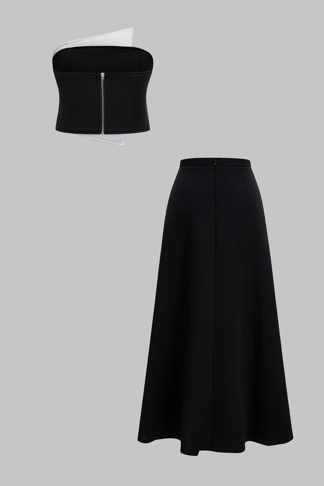 Asymmetrical Metallic Button Wrap Tube Top and High Waist Zipper Skirt Outfit Set