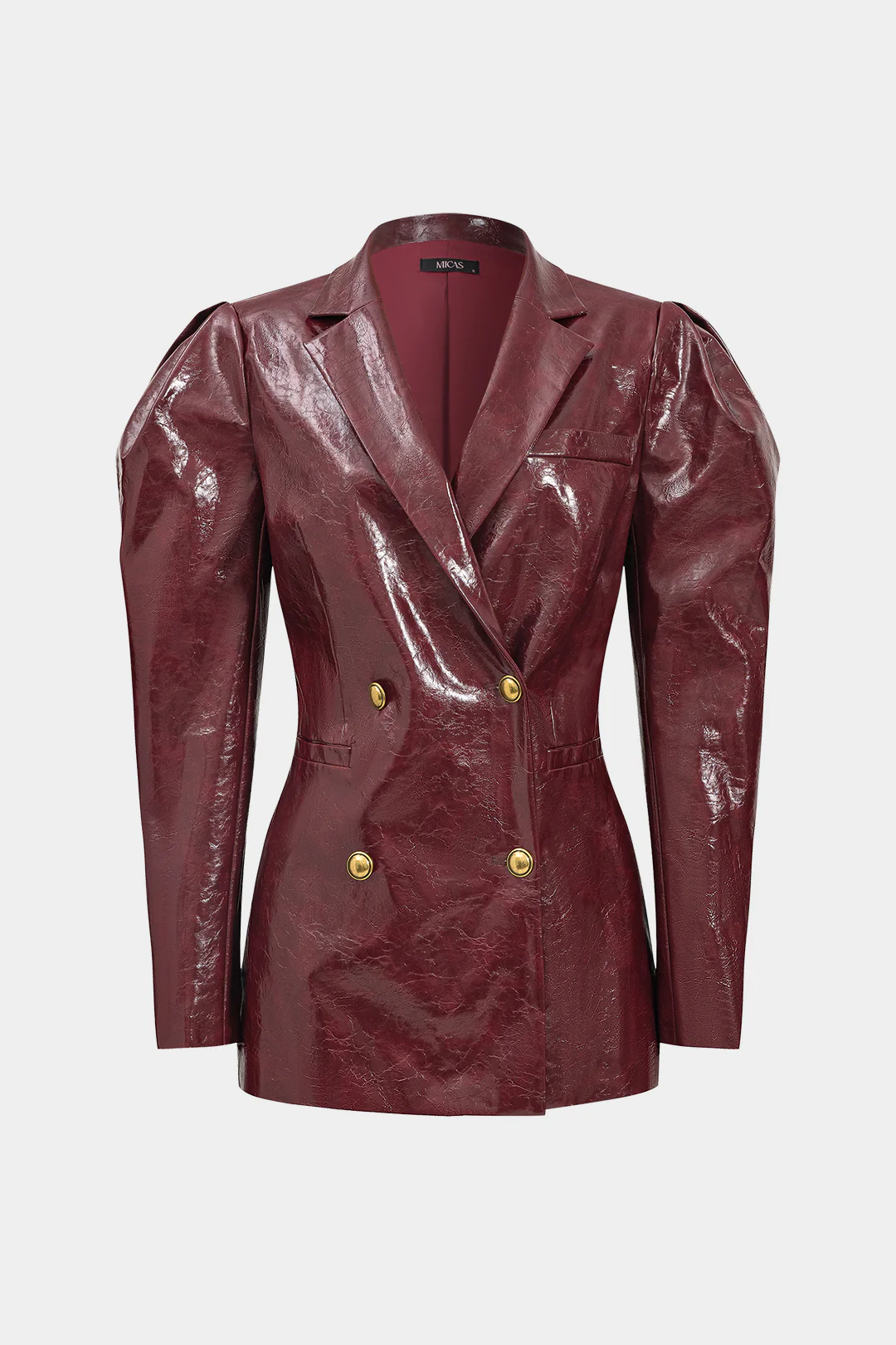 Faux Leather Gigot Sleeve Double-Breasted Jacket
