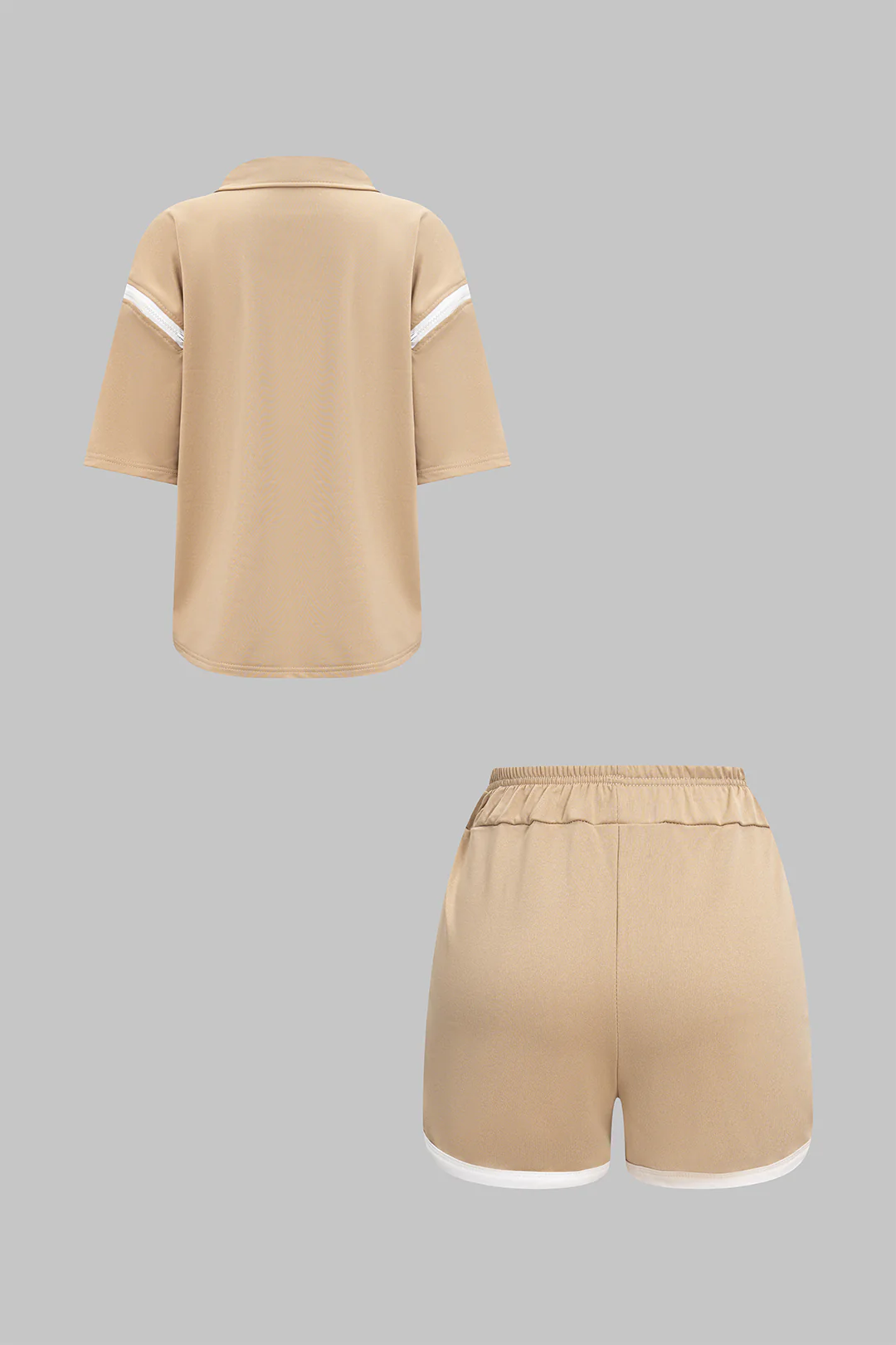 Contrasting Zipper Short Sleeve Shirt and Ruched Shorts Outfit Set