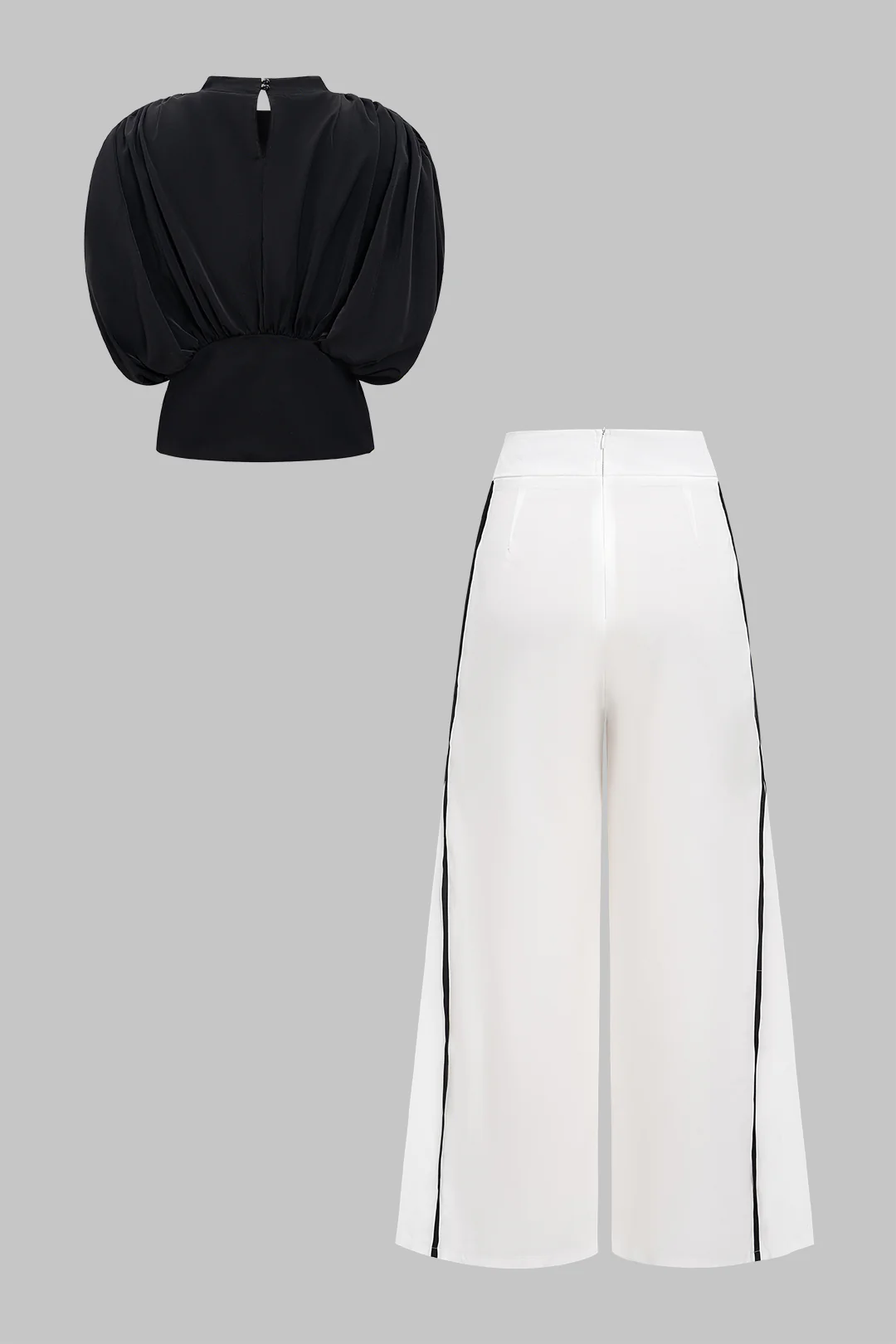 Waist-Cinching Ruched Short-Sleeve Top and Contrast Tie-Front Wide-Leg Trousers Set
