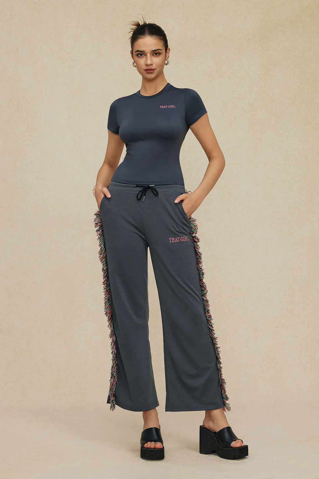 Letter Printed T-shirt and Tassel Drawstring Pant Set