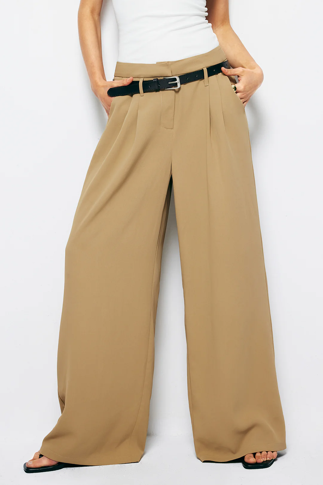 Ruched Wide-Leg Pants with Belt