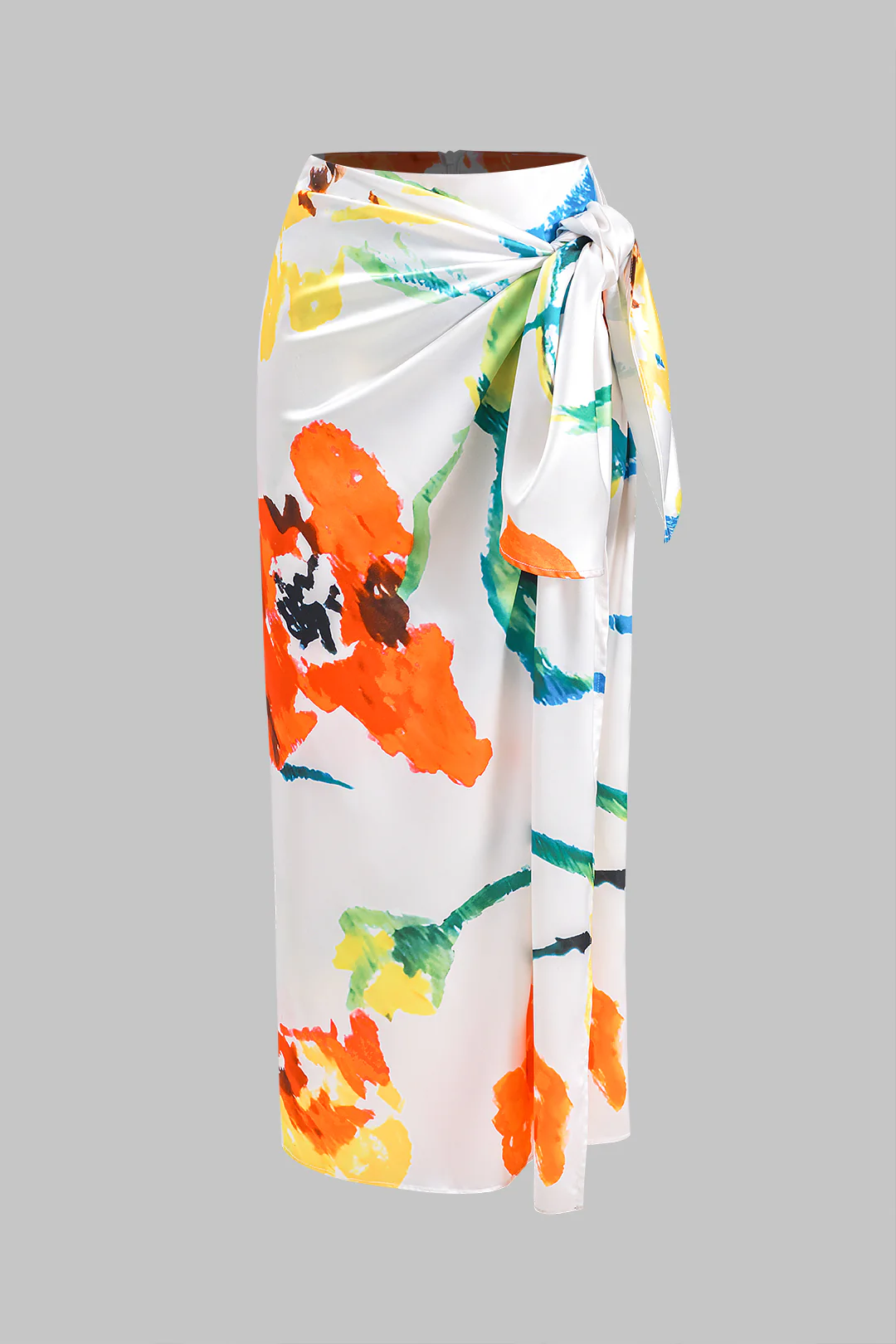 Floral Print Satin Ruched Tie Front Zipper Skirt