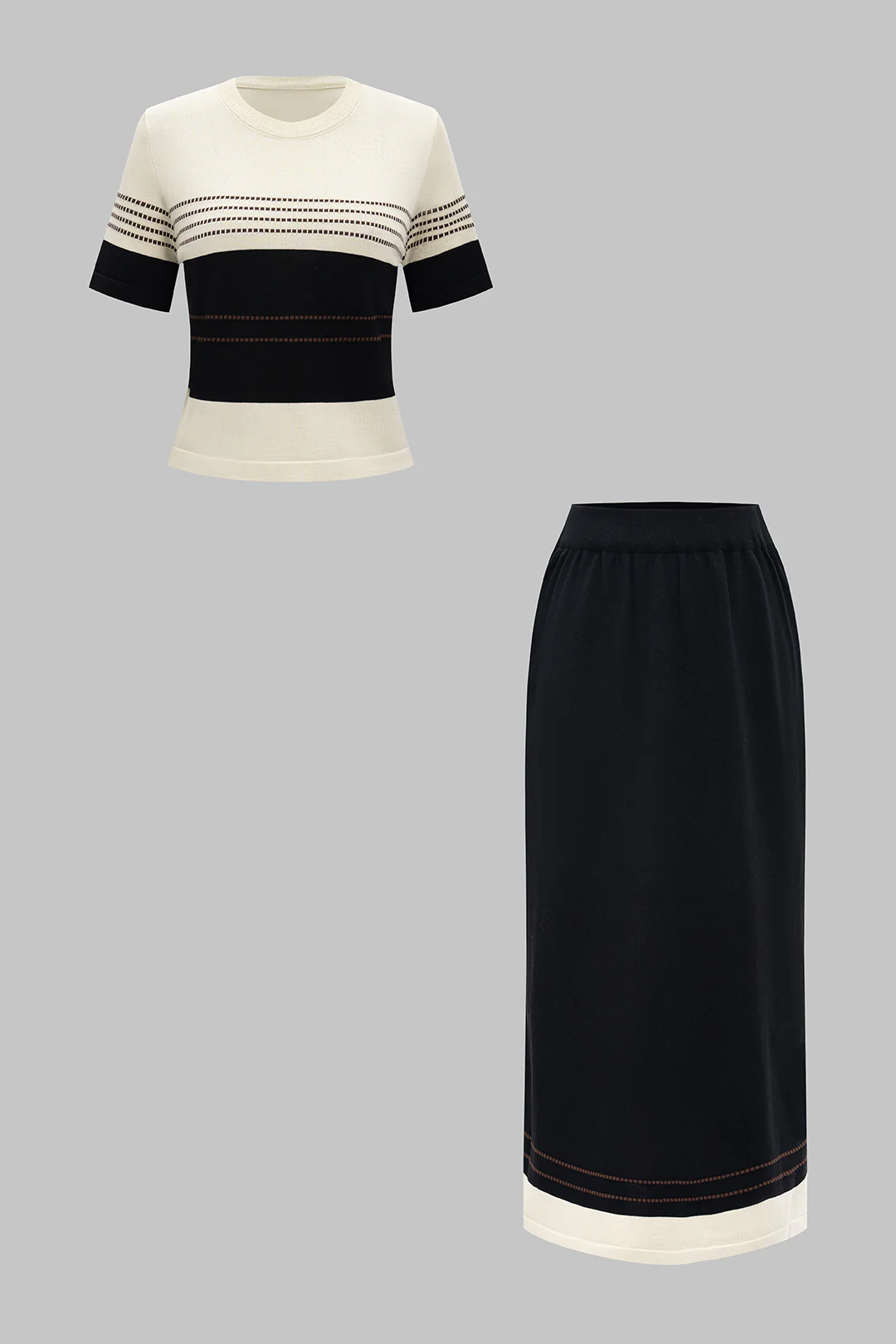 Knit Stripes Contrast Print Round Neck Short Sleeve Top And Skirt Set