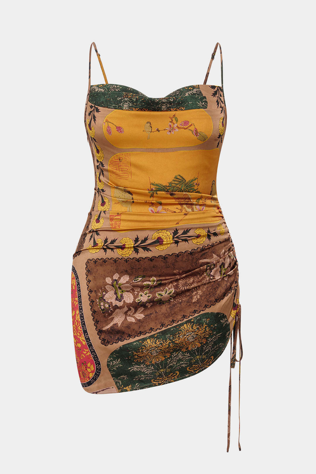 Plus Size Bohemian Print Cowl Neck Ruched Sleeveless Mini Dress