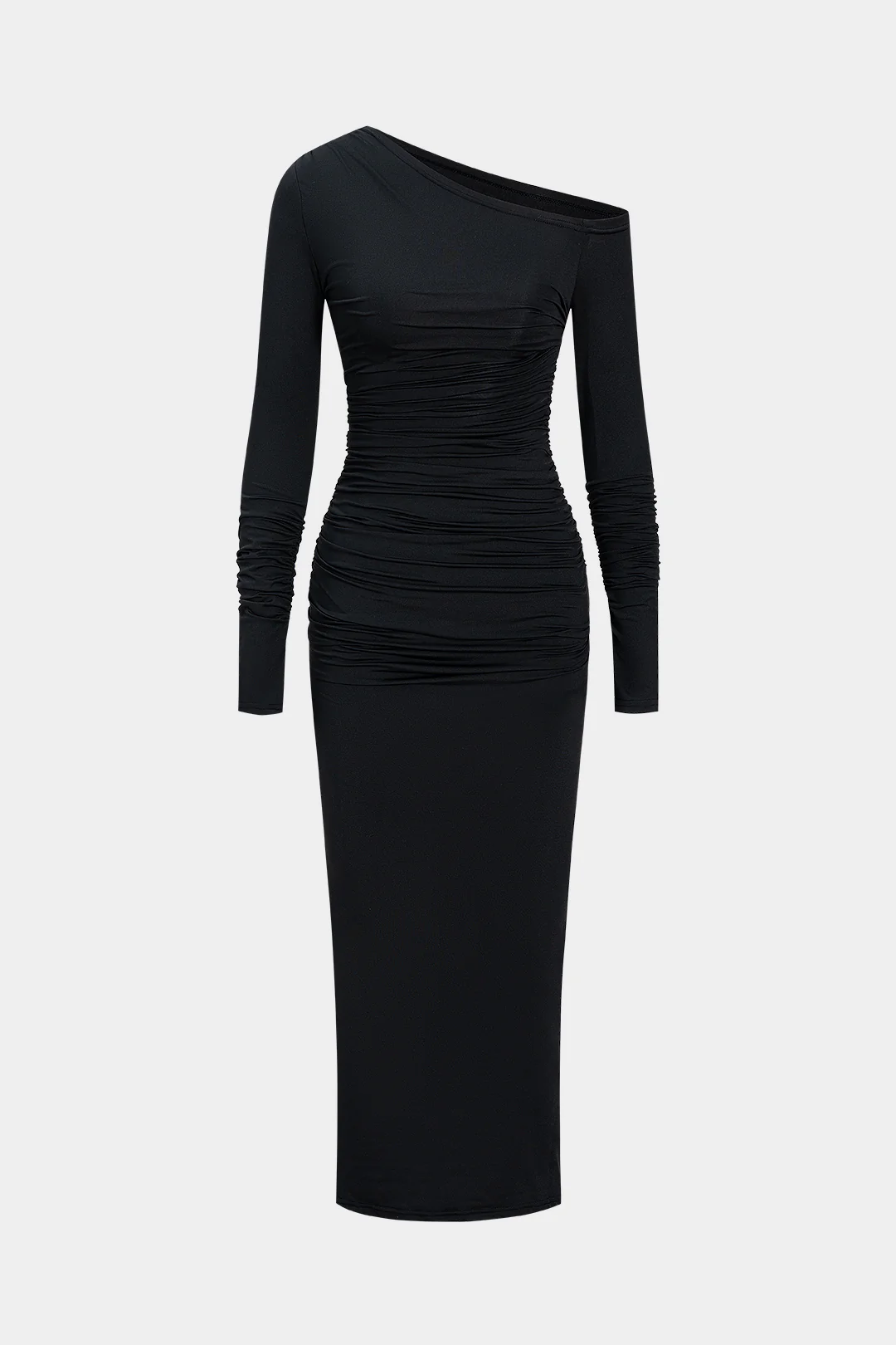 Asymmetrical Neck Ruched Long-Sleeve Maxi Dress