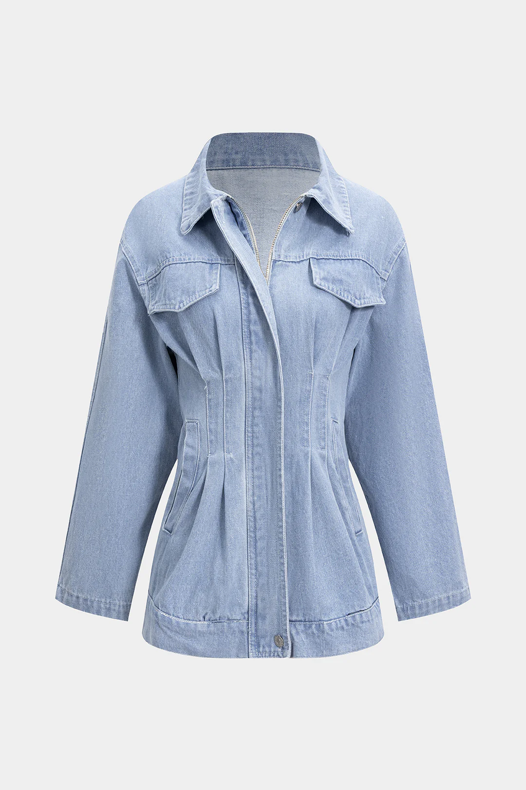 Denim Waist Cinching Ruffled Zipper Jacket