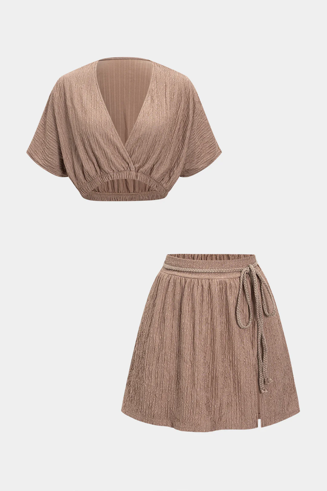 V-Neck Top And Belted Skirt Set