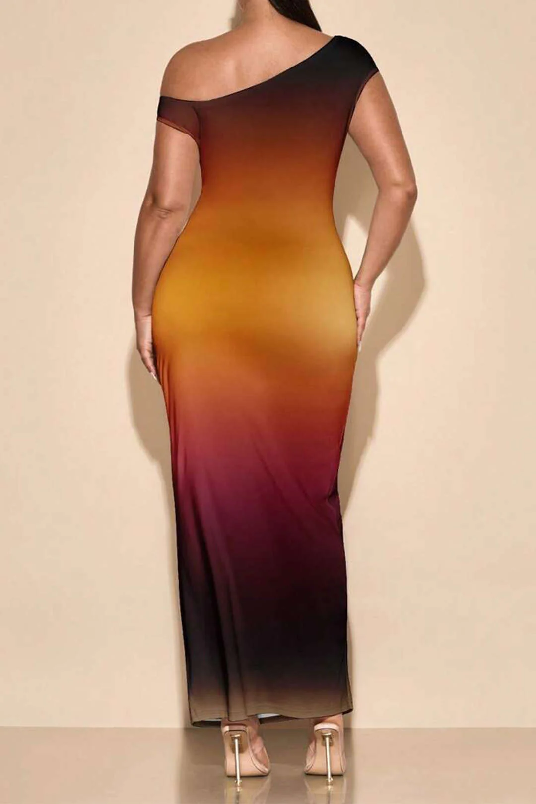 Plus Size Ombre Print Mesh Asymmetric Sleeveless Maxi Dress