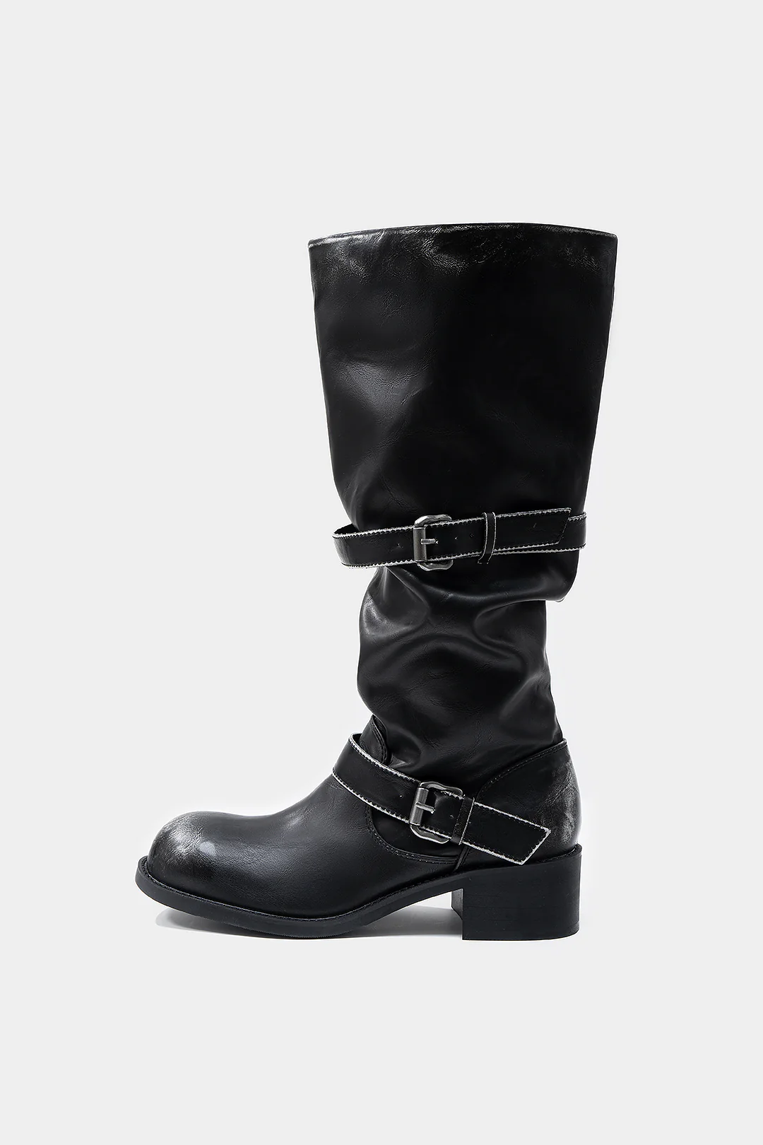 Metallic Buckle Mid Calf Leather Boots