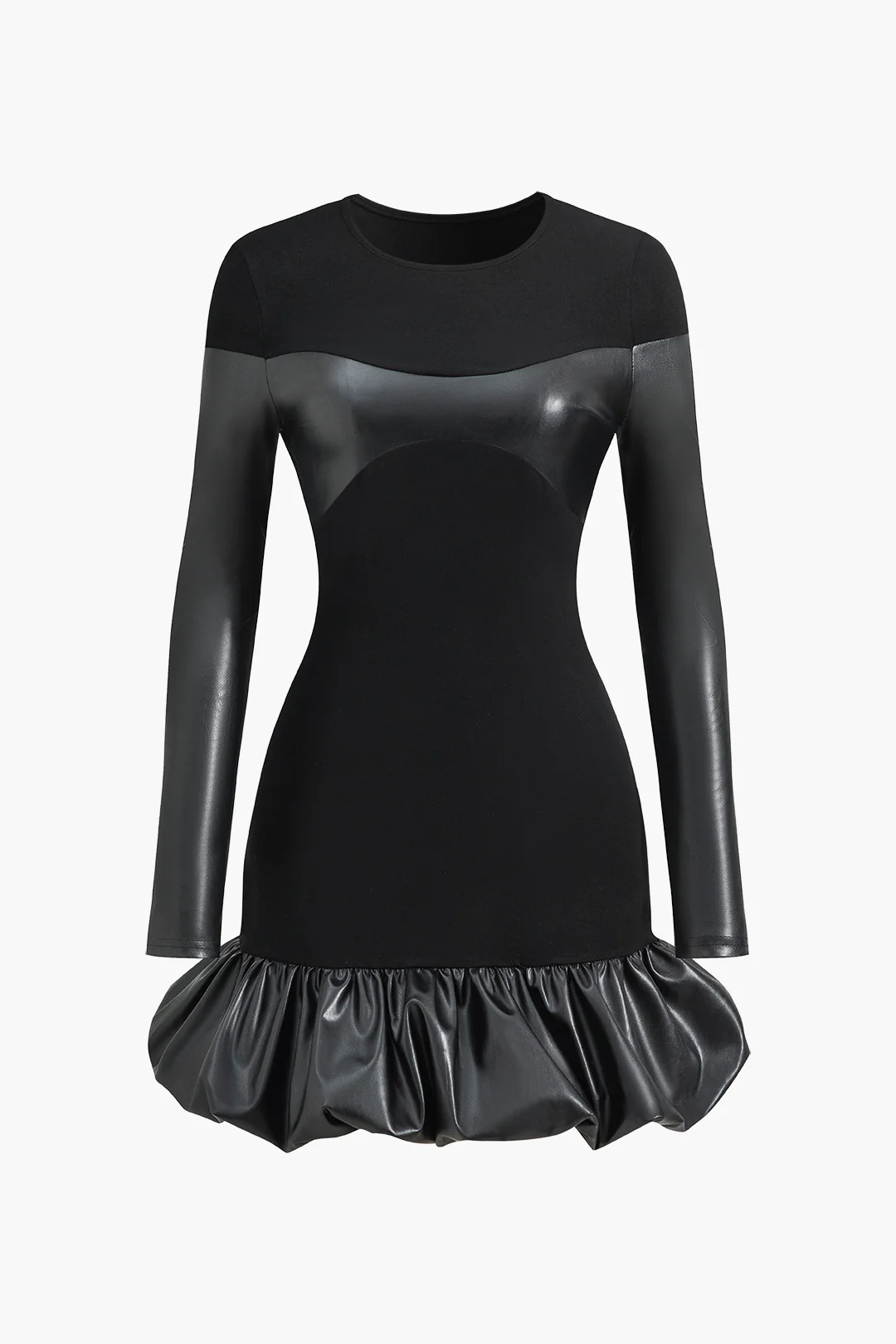 Faux Leather Round Neck Patchwork Short Dress