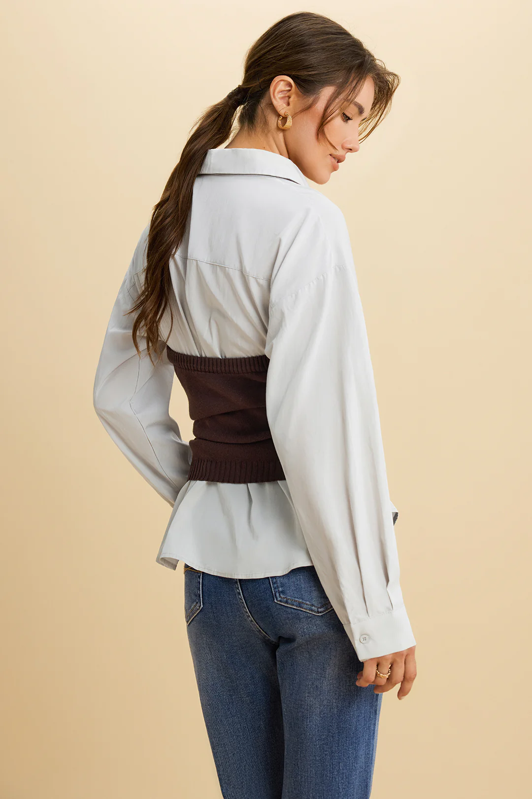 Solid Patchwork Knit Front-Tie Long Sleeve Top