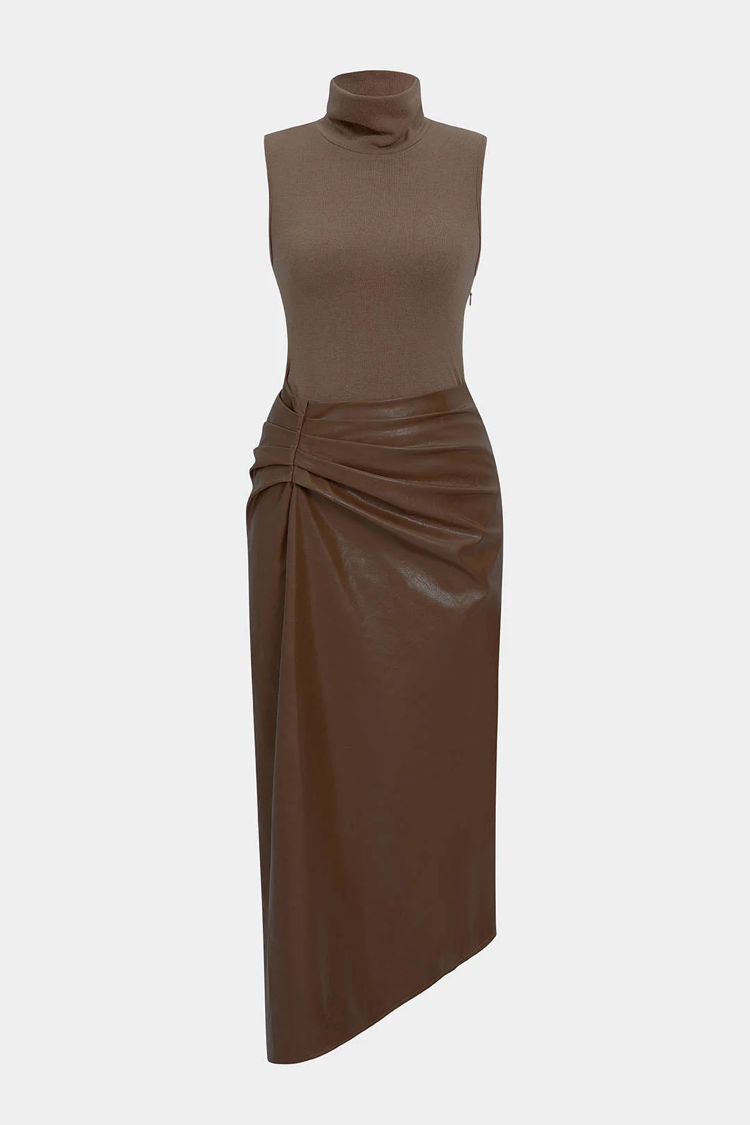 Faux Leather Patchwork High Neck Pleated Sleeveless Mid-length Dress
