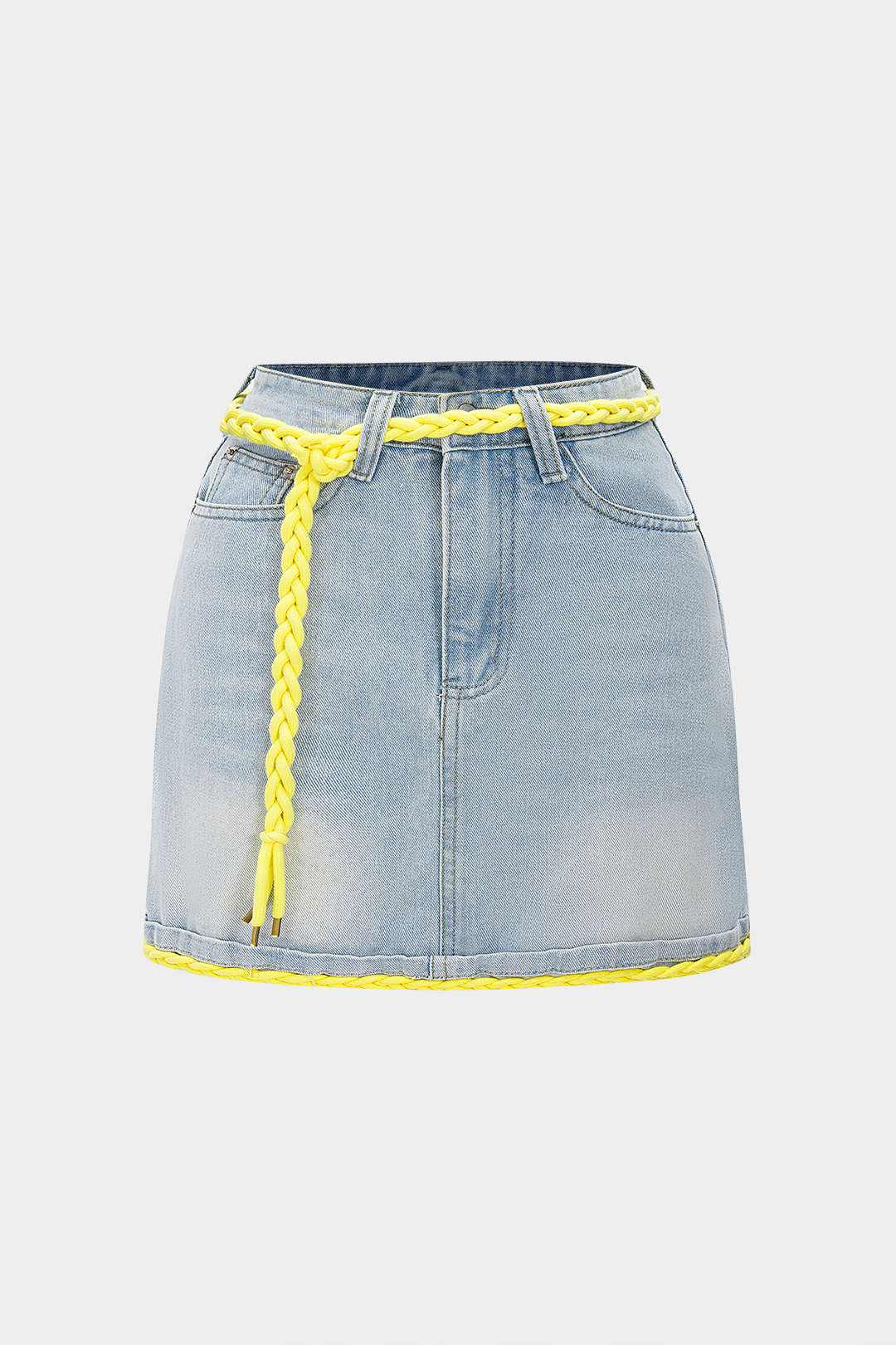 Denim Patchwork Shirred High Waist Skirt