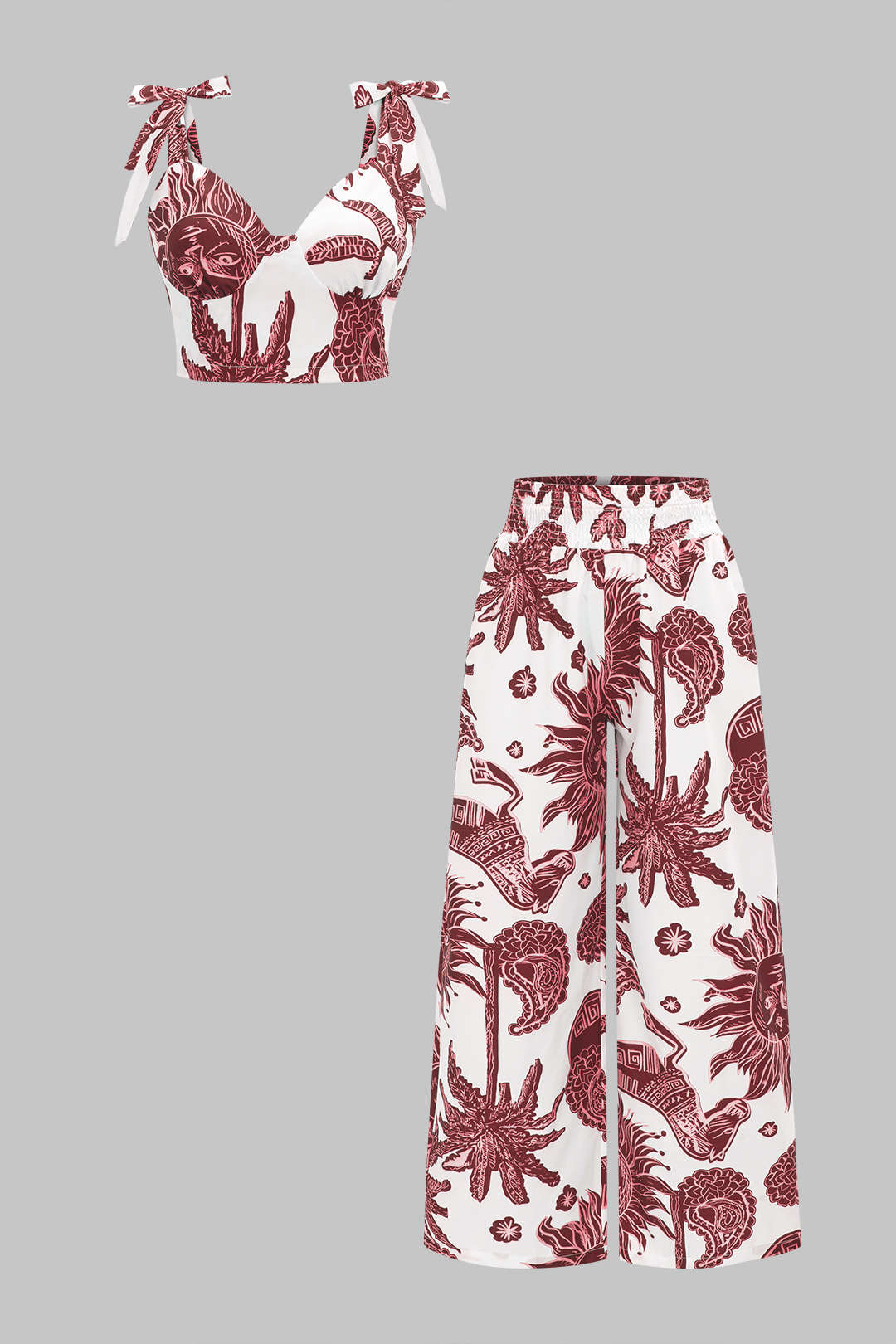 Abstract Print Smocked Tie-Up Slip Cami Top and Trousers Set