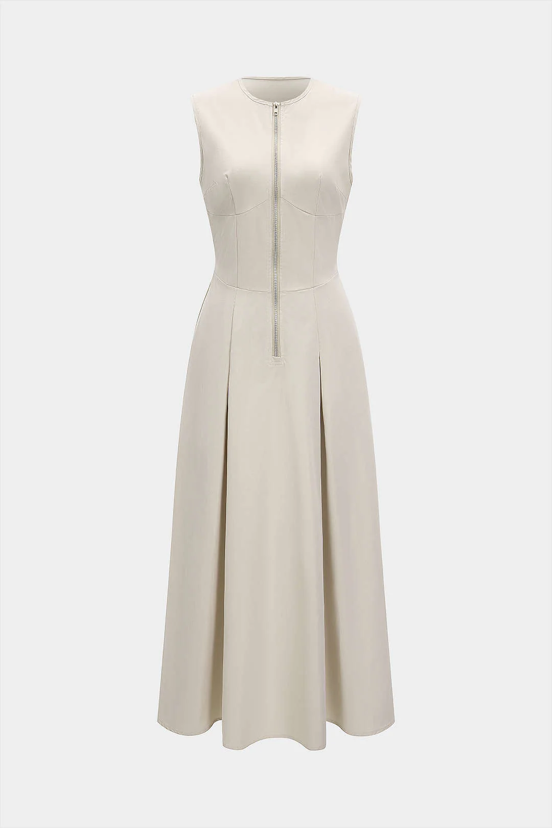 Solid Ruched Zipper Sleeveless Maxi Dress