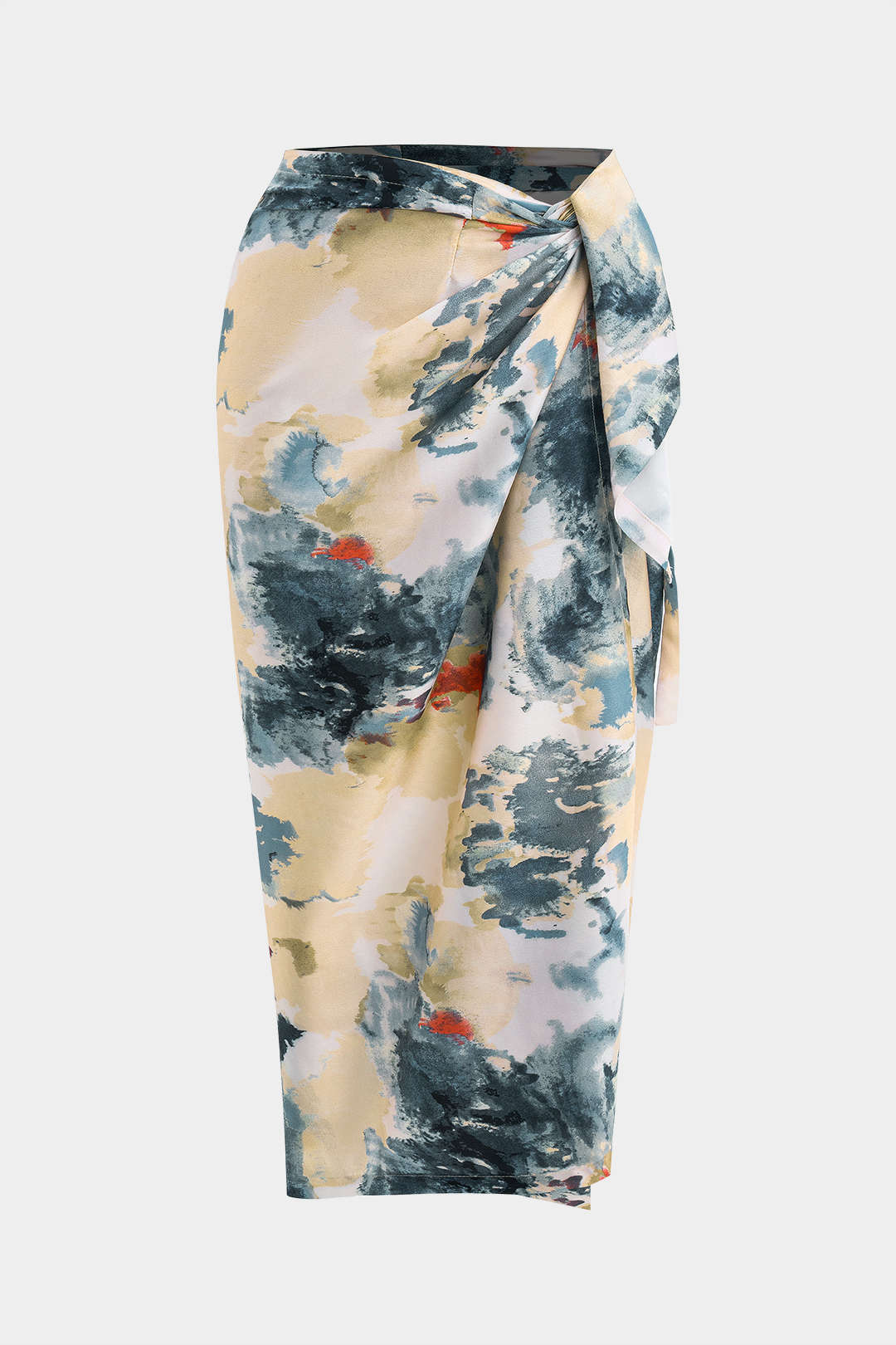 Plus Size Abstract Print Satin High-Waist Wrap Knot Skirt