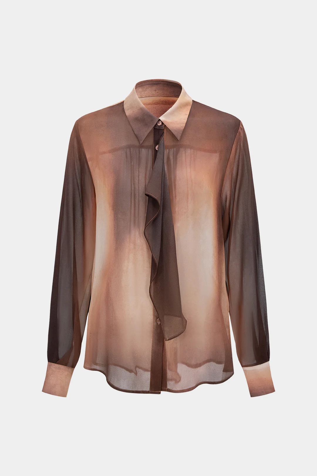 Tie Dye Ombre Print Chiffon Button Ruffle Long Sleeve Blouse