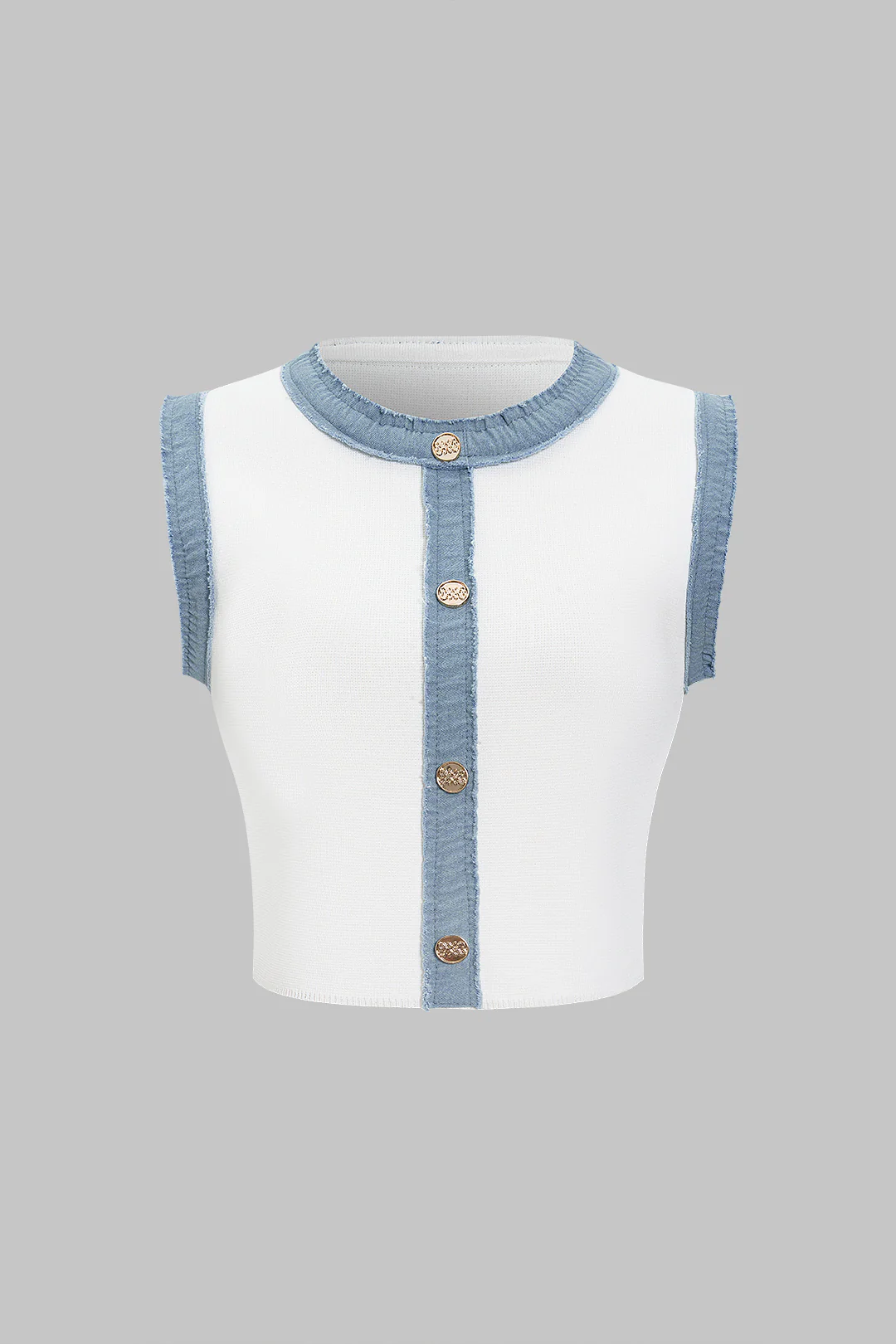 Knit Textured Button Patchwork Sleeveless Top