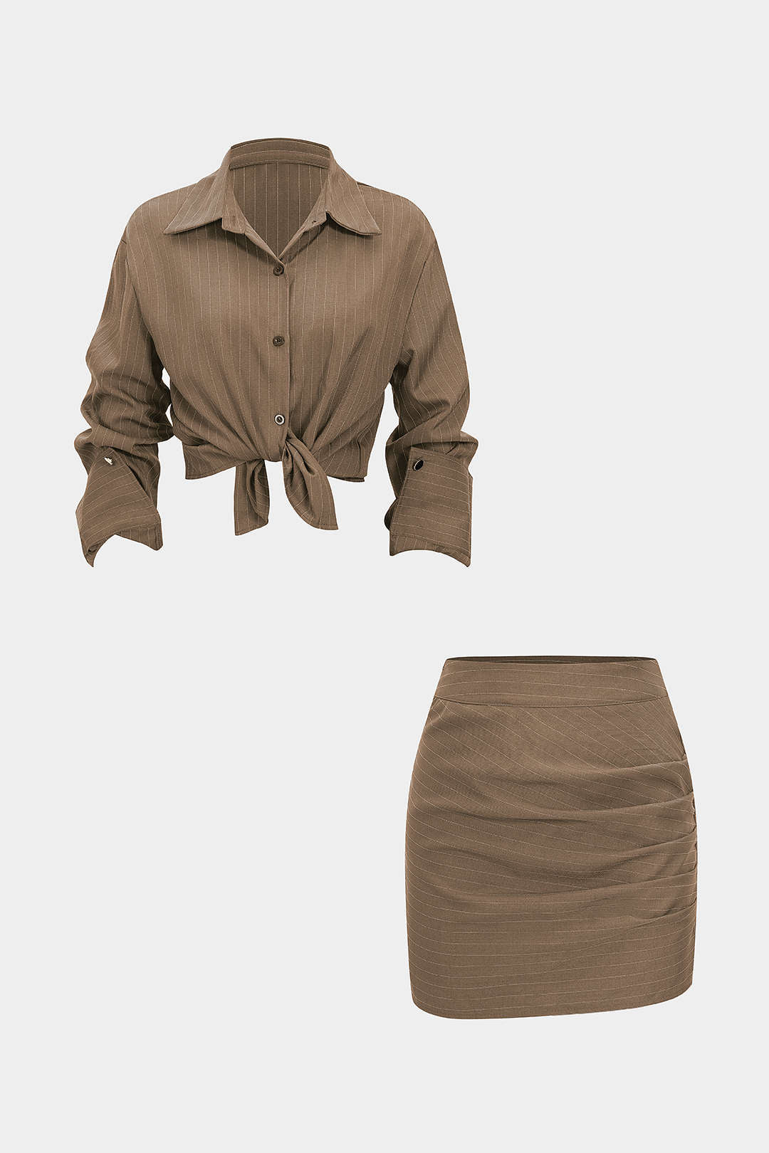 Stripes Print Button Long-Sleeve And Ruched Mini Skirt Set