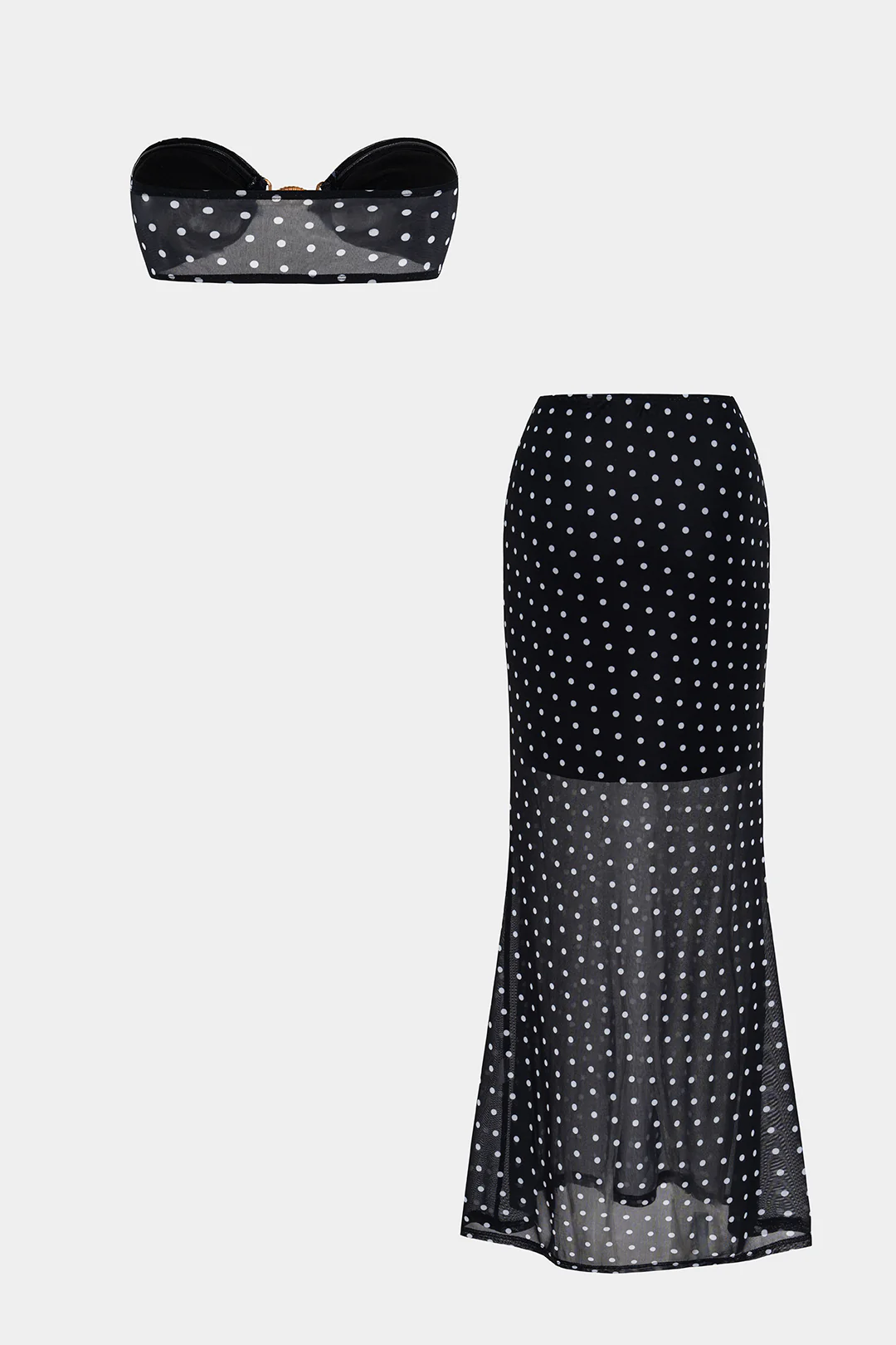 Polka Dot Print Metallic Decor Tube Top and Cut-Out Skirt Set