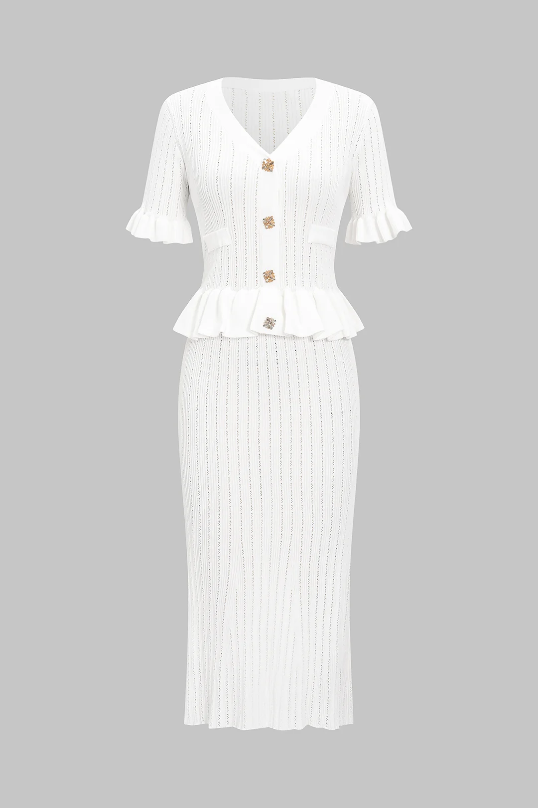 Knit V-Neck Ruffled Short-Sleeve Shirt and Fish-Tail Skirt Set