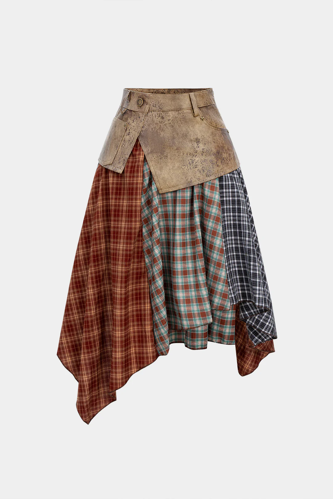 Plaid Contrast Print Faux Leather Patchwork Asymmetrical Hem Skirt