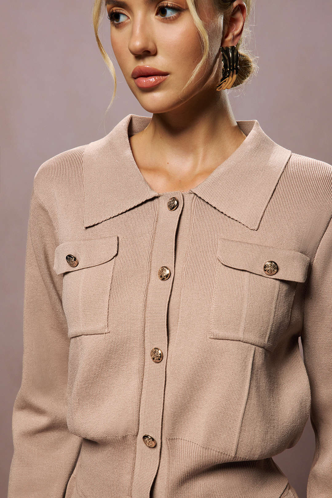 Cropped Button-Up Knit Top and Maxi Skirt Ensemble