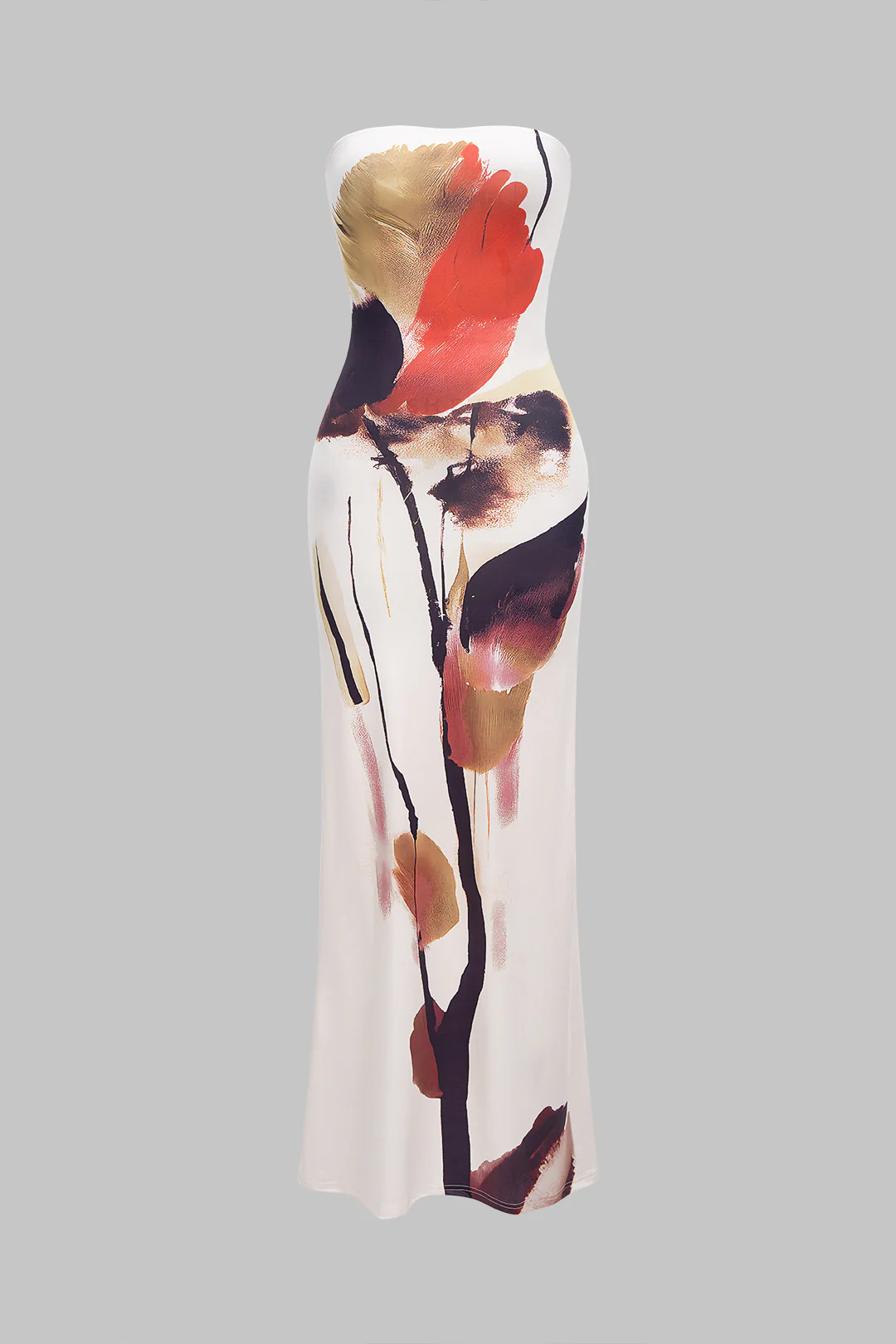 Graffiti Watercolor Floral Print Strapless Sleeveless Maxi Dress
