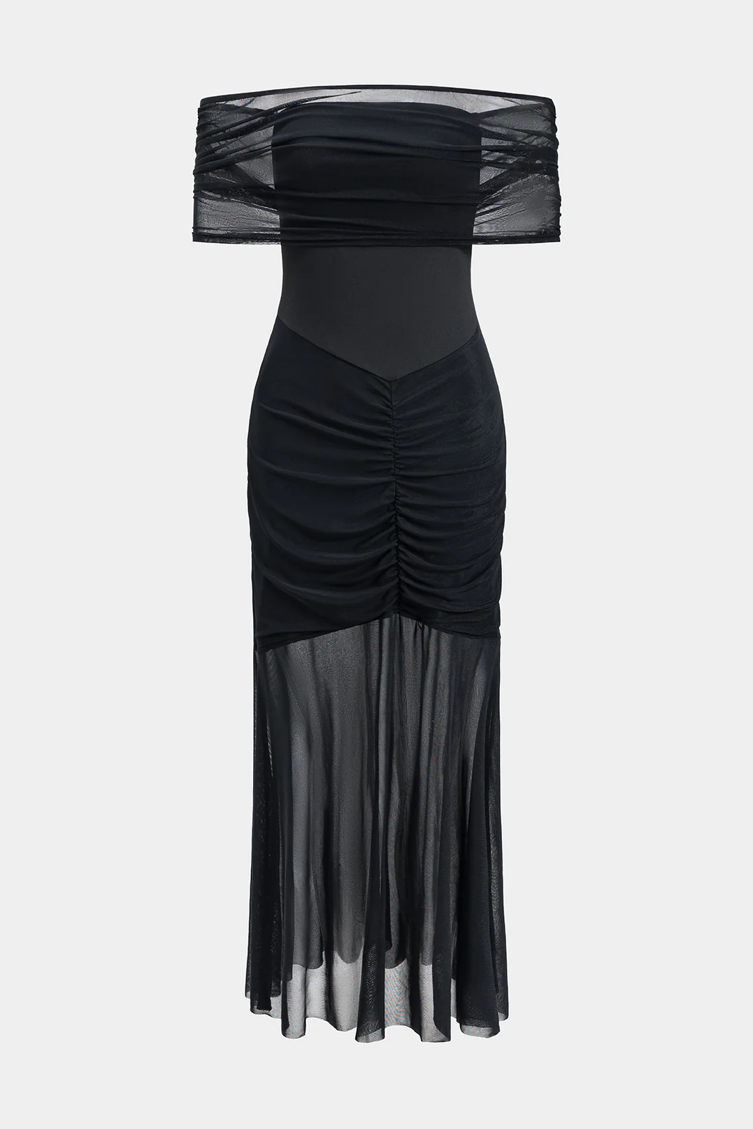 Mesh Off-the-Shoulder Ruched Long Dress