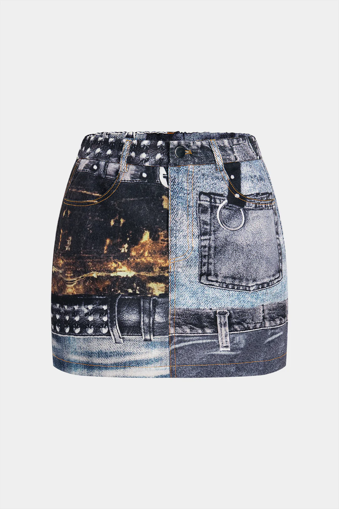 Printed High-Waisted Pocket Denim Skirt