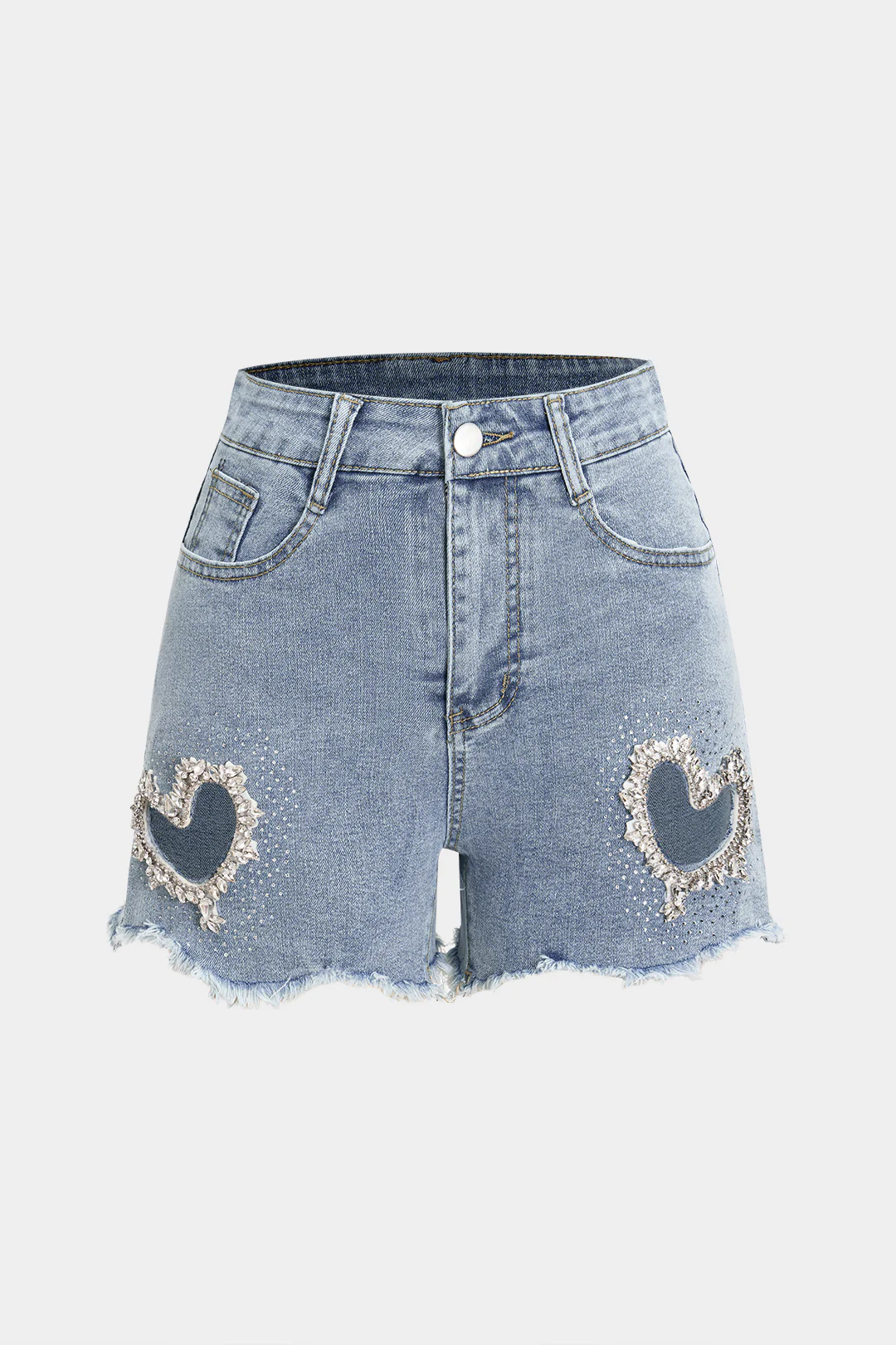 Denim Heart Pattern Rhinestone Frayed Shorts