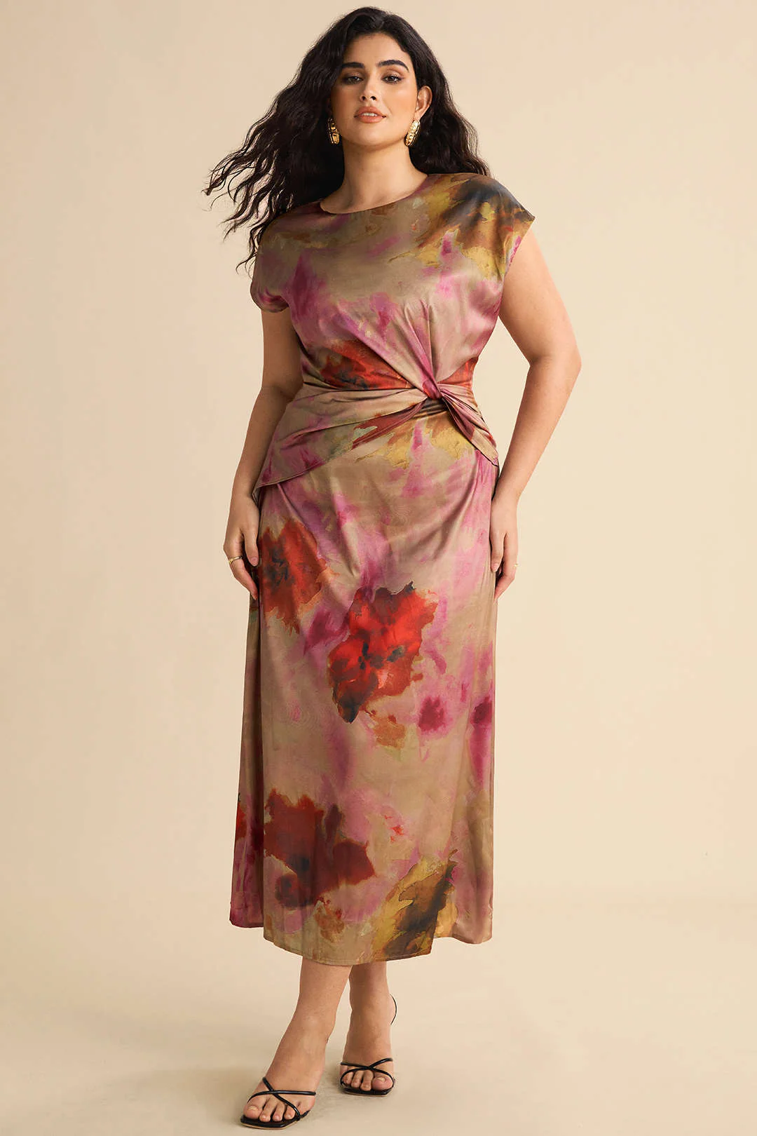 Plus Size Ombre Print Ruched Short Sleeve Midi Dress