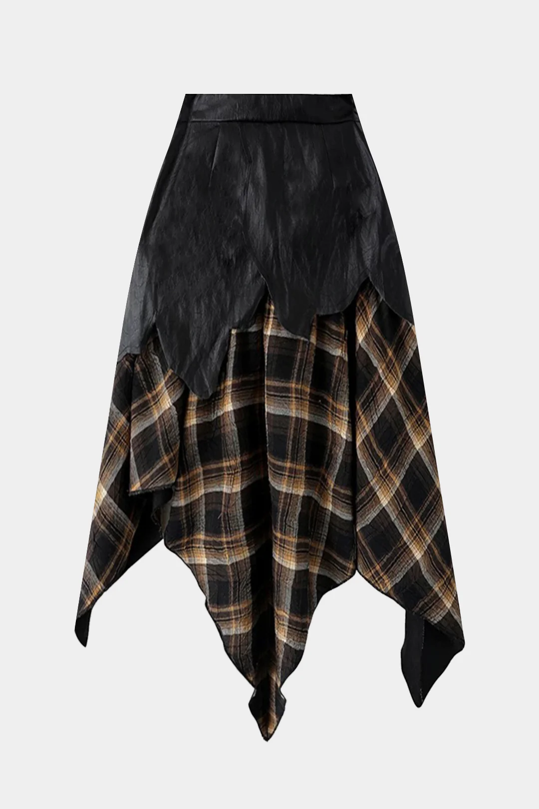 Color Block Plaid Print Faux Leather Patchwork Tie-Up Asymmetrical Pocket Skirt