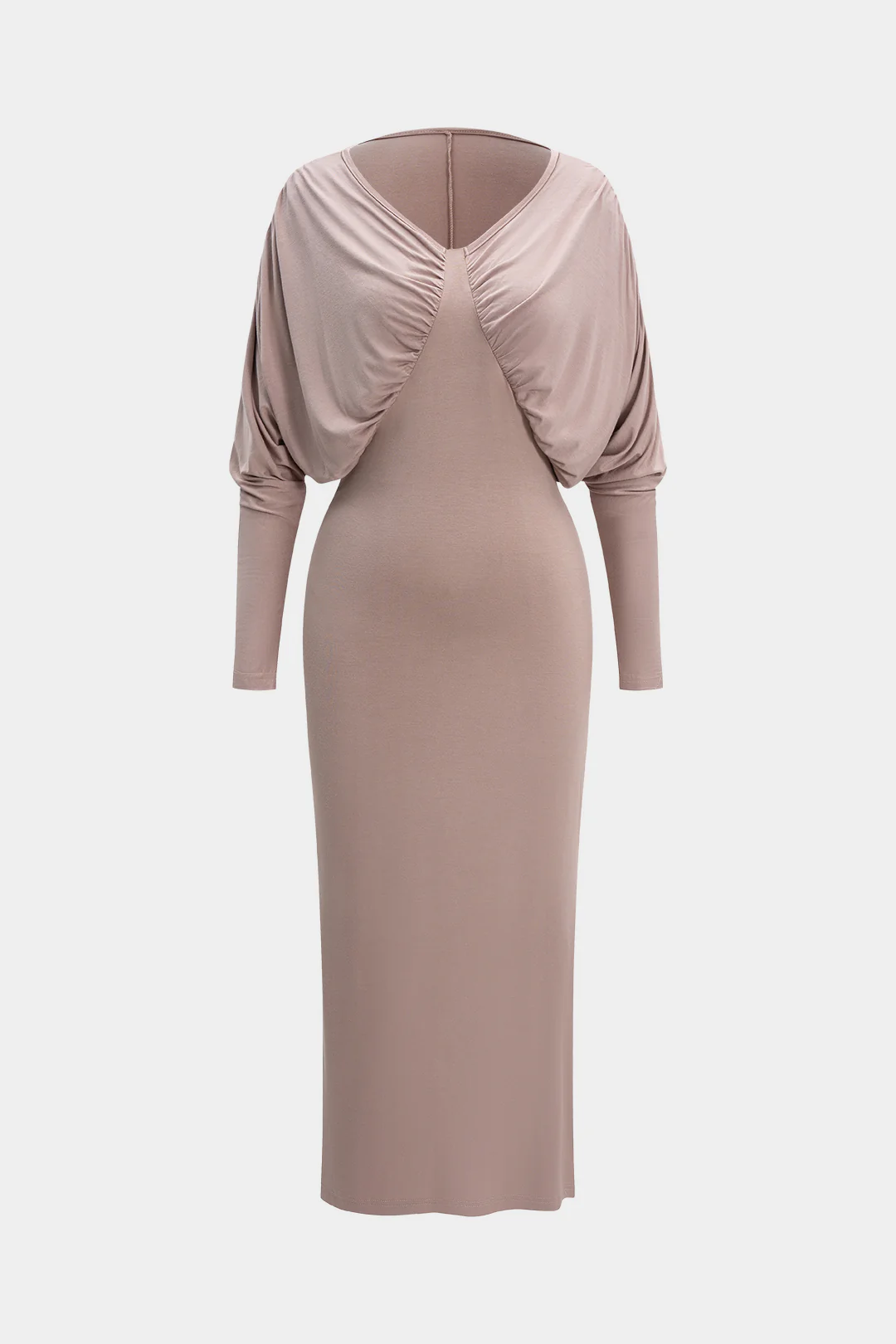 V-Neck Batwing Sleeve Ruched Long Dress