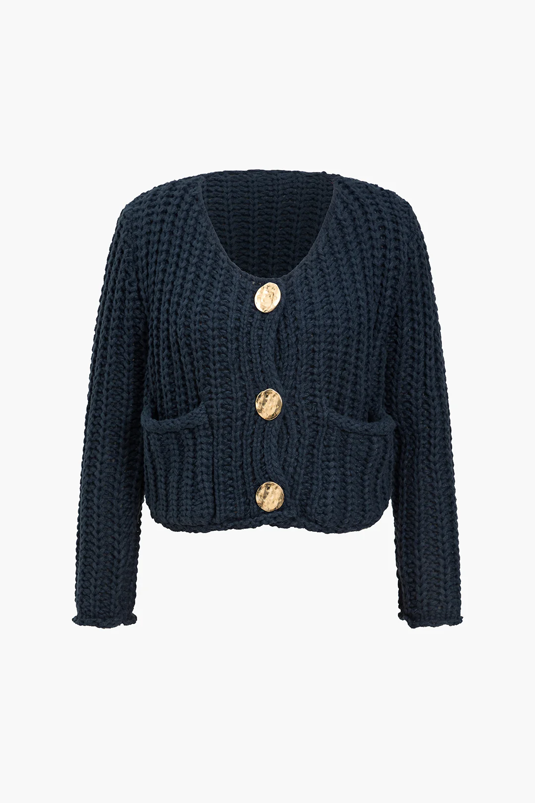 Solid Knitted Button Pocket Cardigan