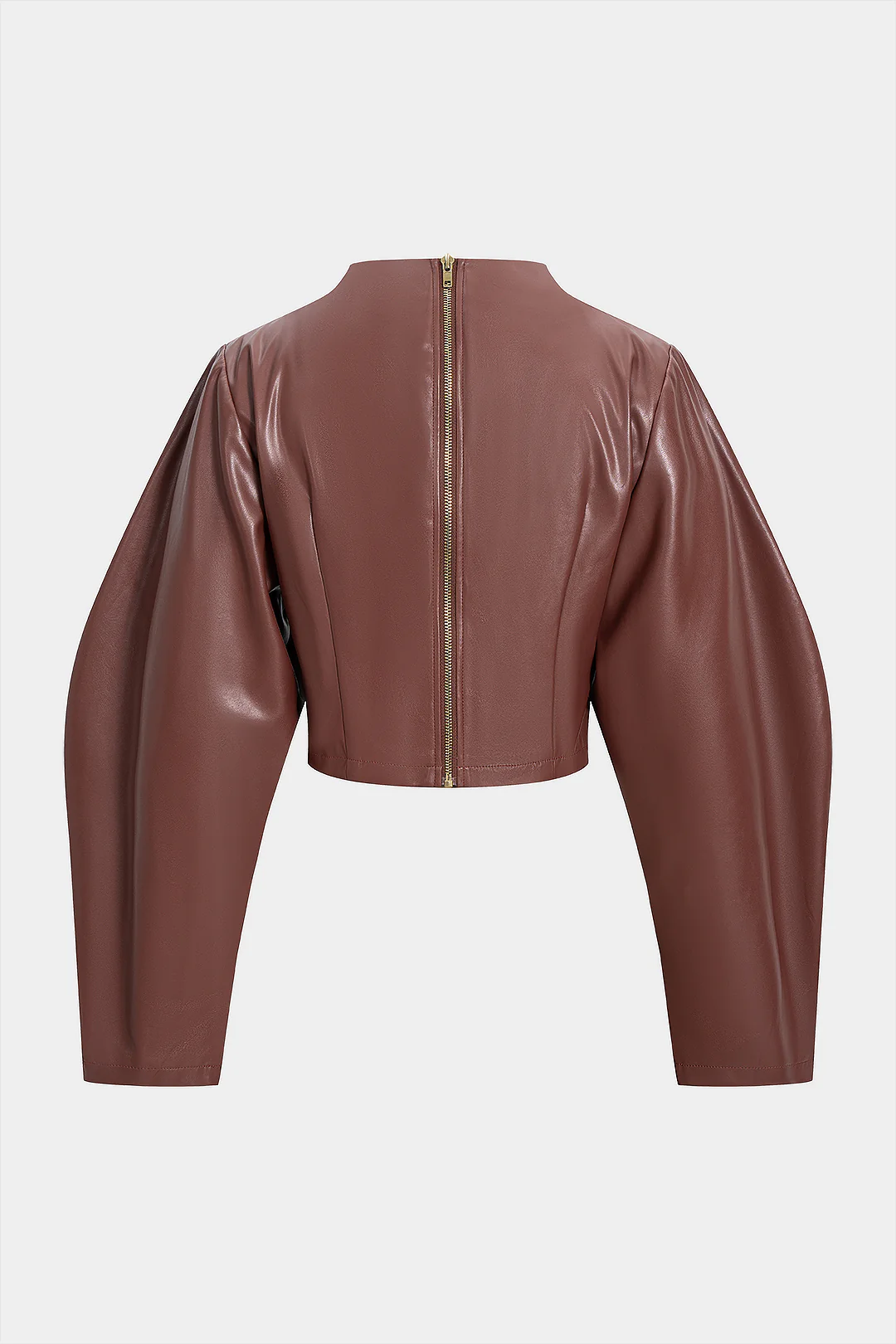 Faux Leather Ruched Zipper Long Sleeve Top