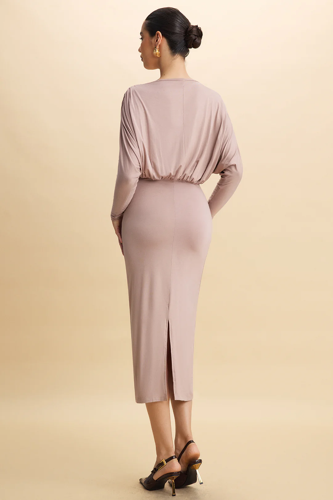 V-Neck Batwing Sleeve Ruched Long Dress