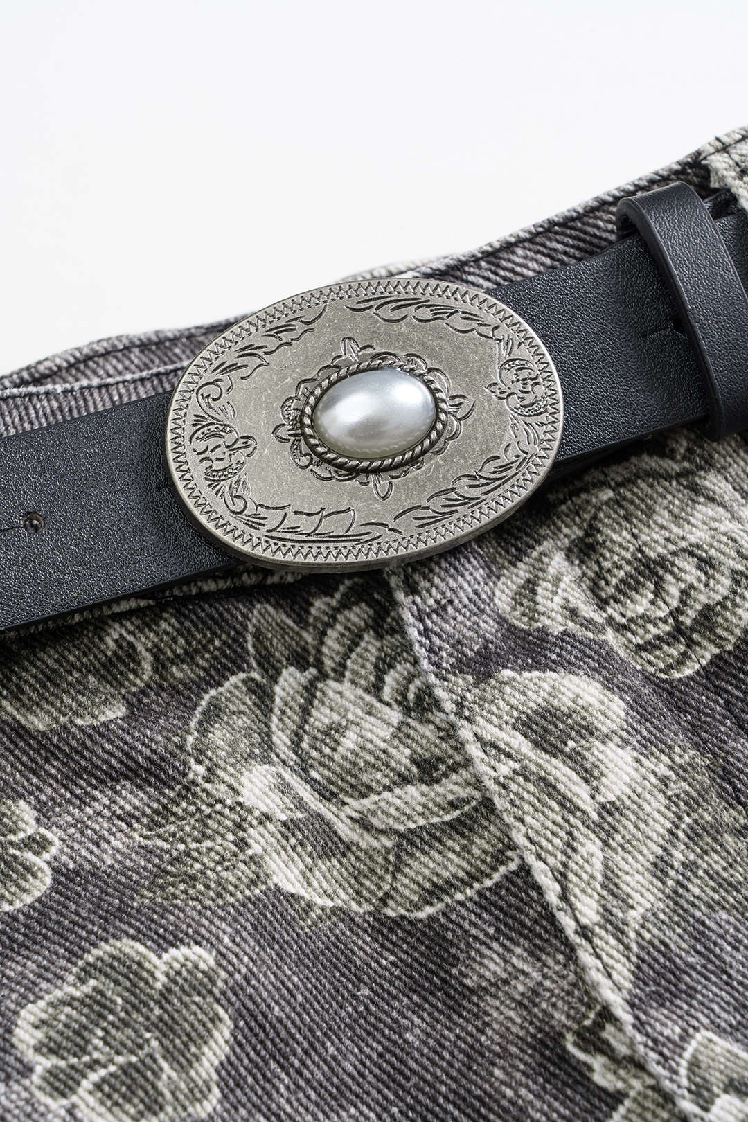 Floral Print Denim High Waist Belted Mini Skirt