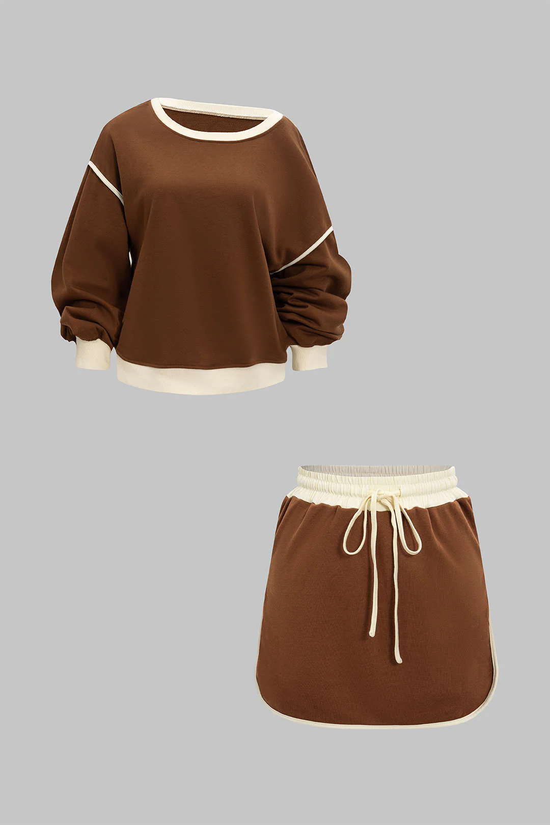 Contrasting Long Sleeve Top and Drawstring Skirt Set
