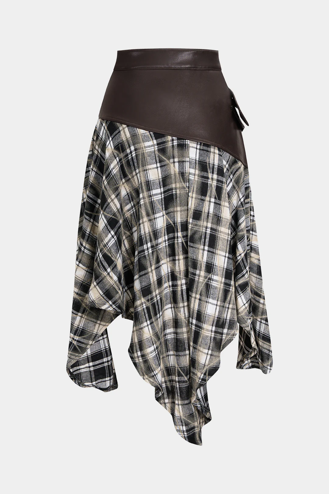 Plaid Print Faux Leather Patchwork Irregular Hem Skirt