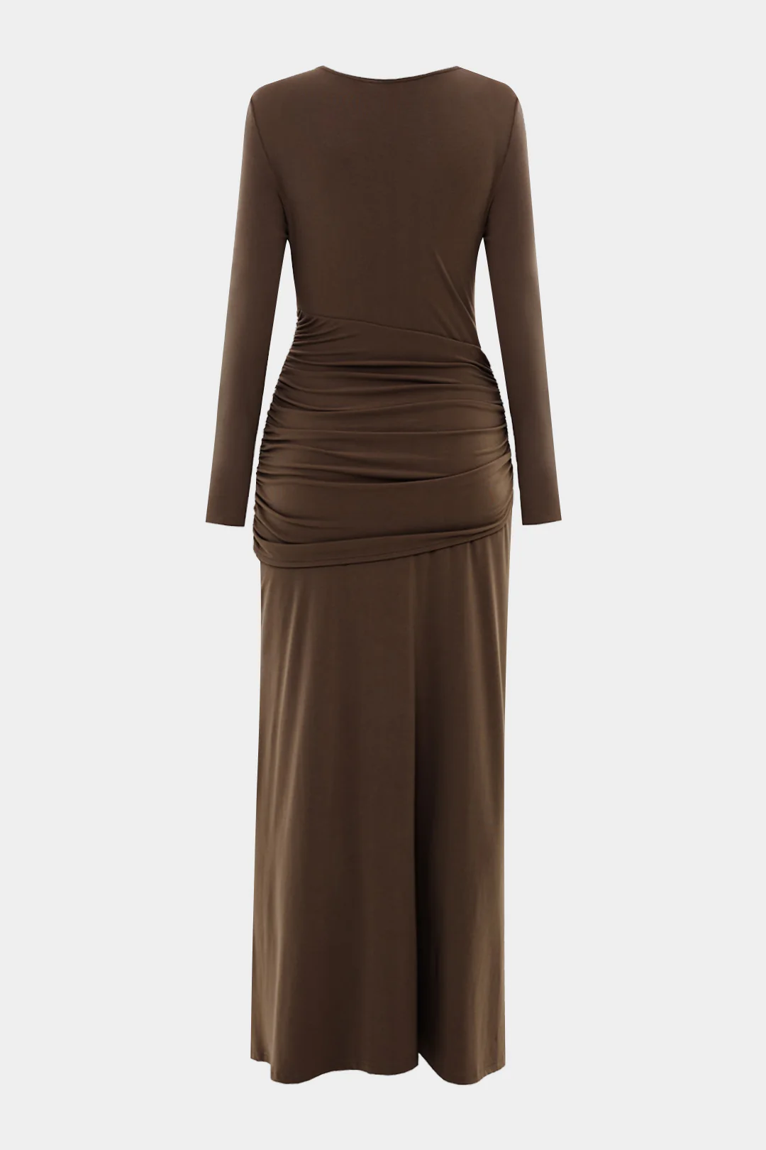 Metallic Ruched Asymmetric Neck Long Sleeve Maxi Dress