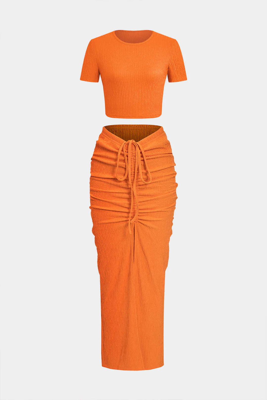Textured Cropped Top and Drawstring Ruched Skirt Outfit Set