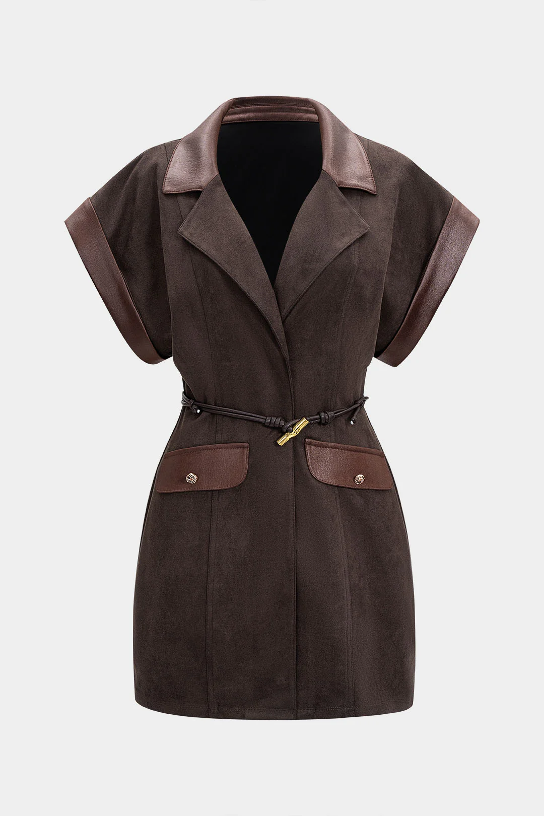 Faux Leather Suede V-Neck Patchwork Belted Sleeveless Mini Dress