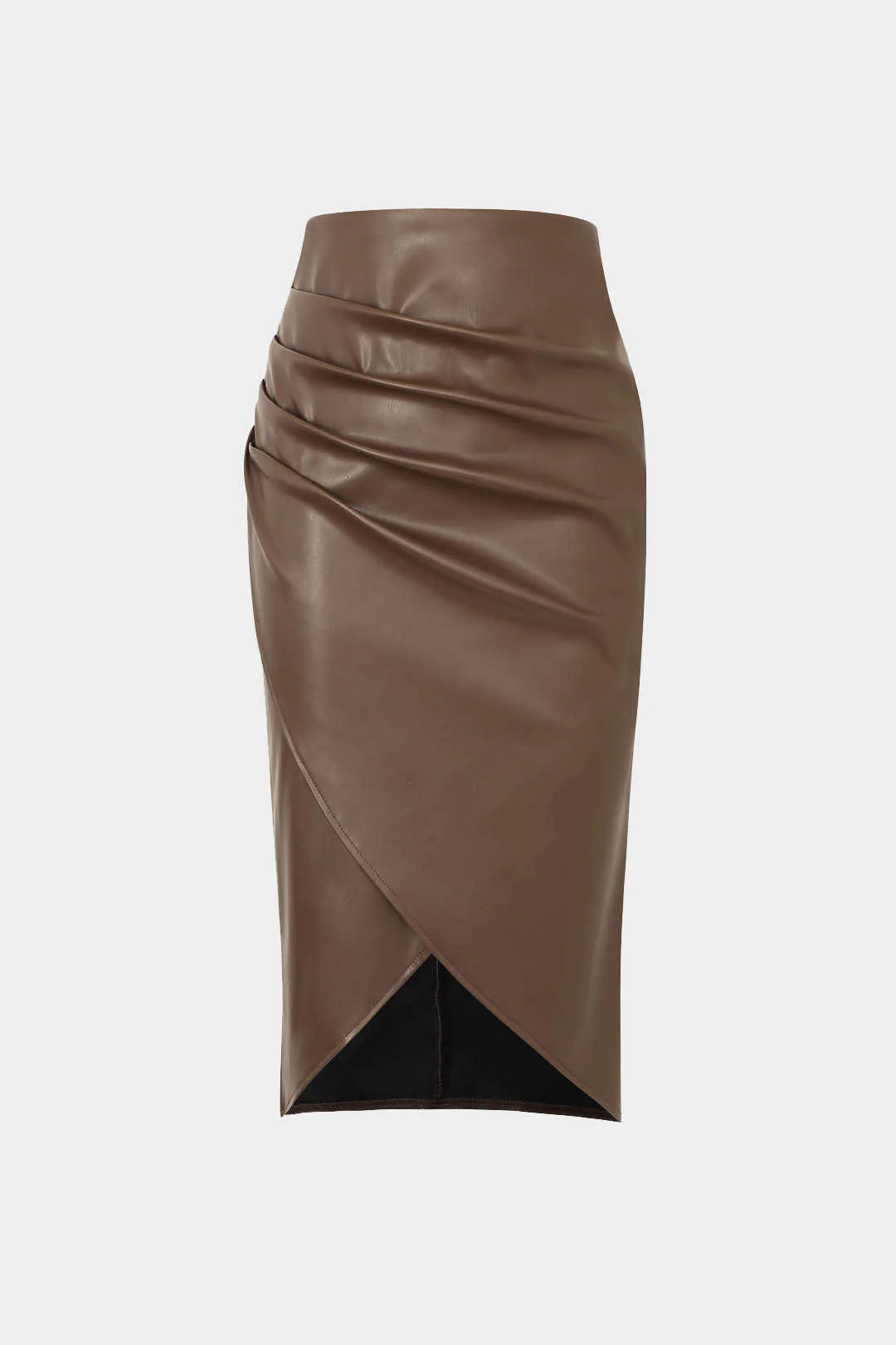 Faux Leather Wrap Ruched Mid-length Skirt