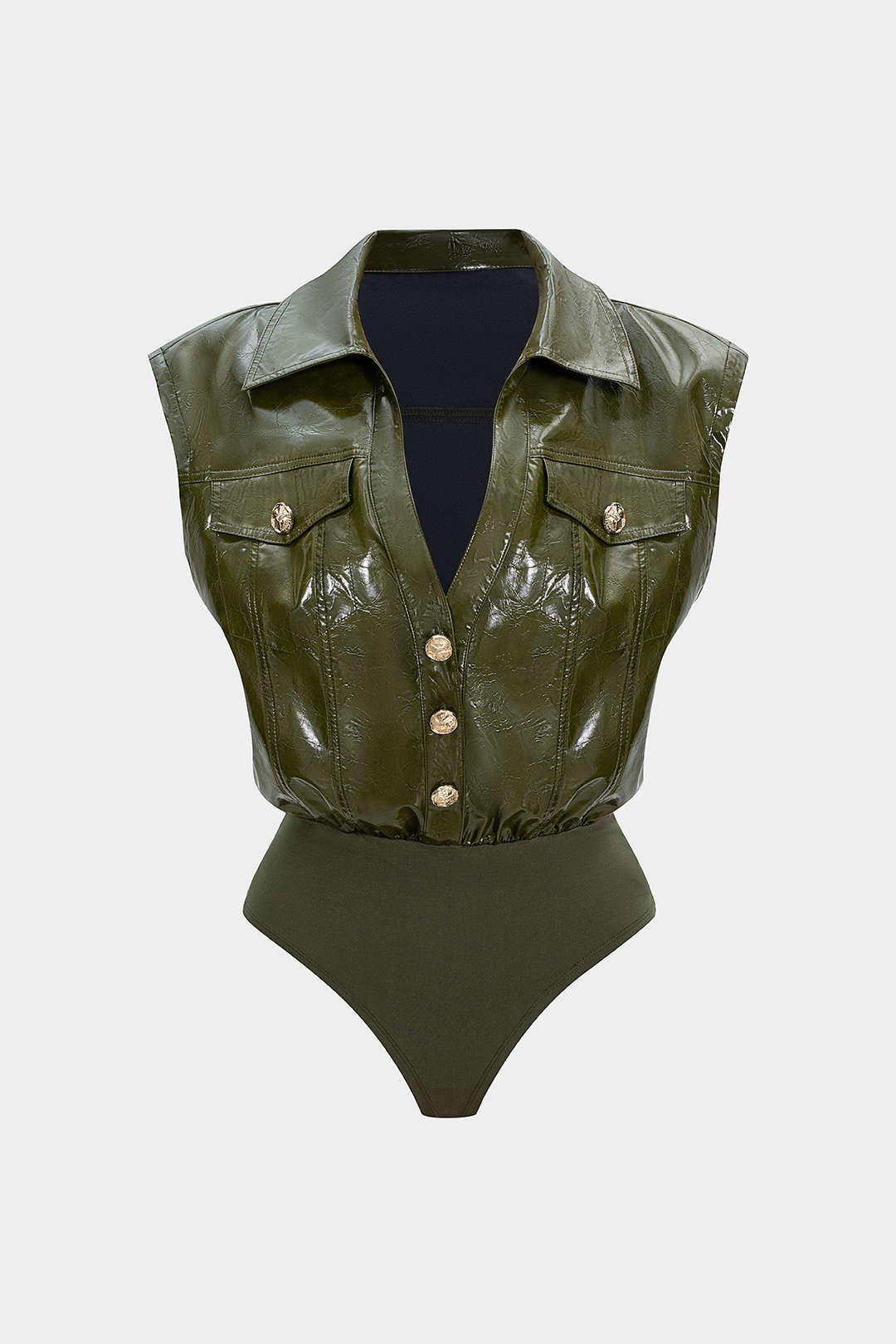 Faux Leather Button Patchwork Sleeveless Bodysuit