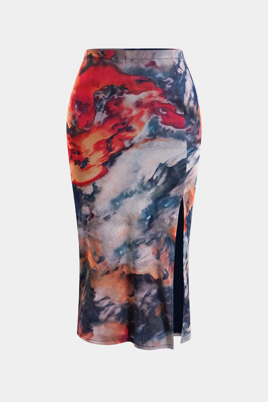 Plus Size Watercolor Printed Mesh Slit Skirt