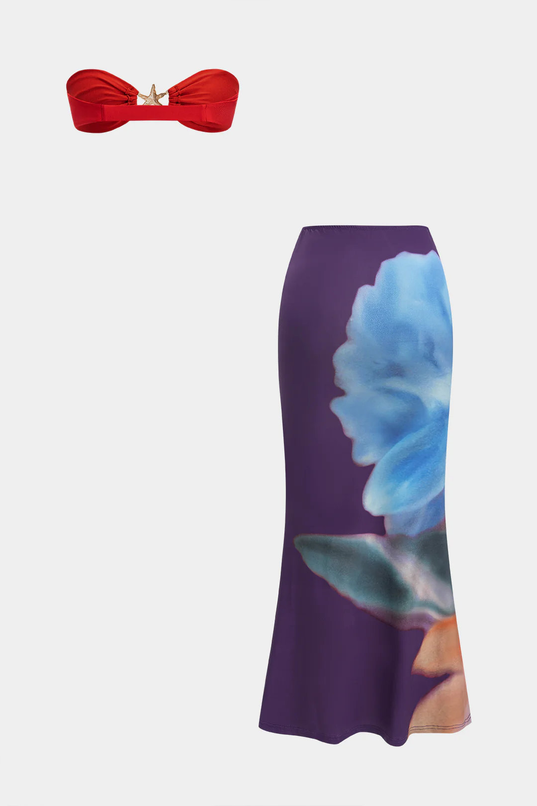 Metallic Decor Strapless Top And Abstract Floral Print Ruched Skirt Set